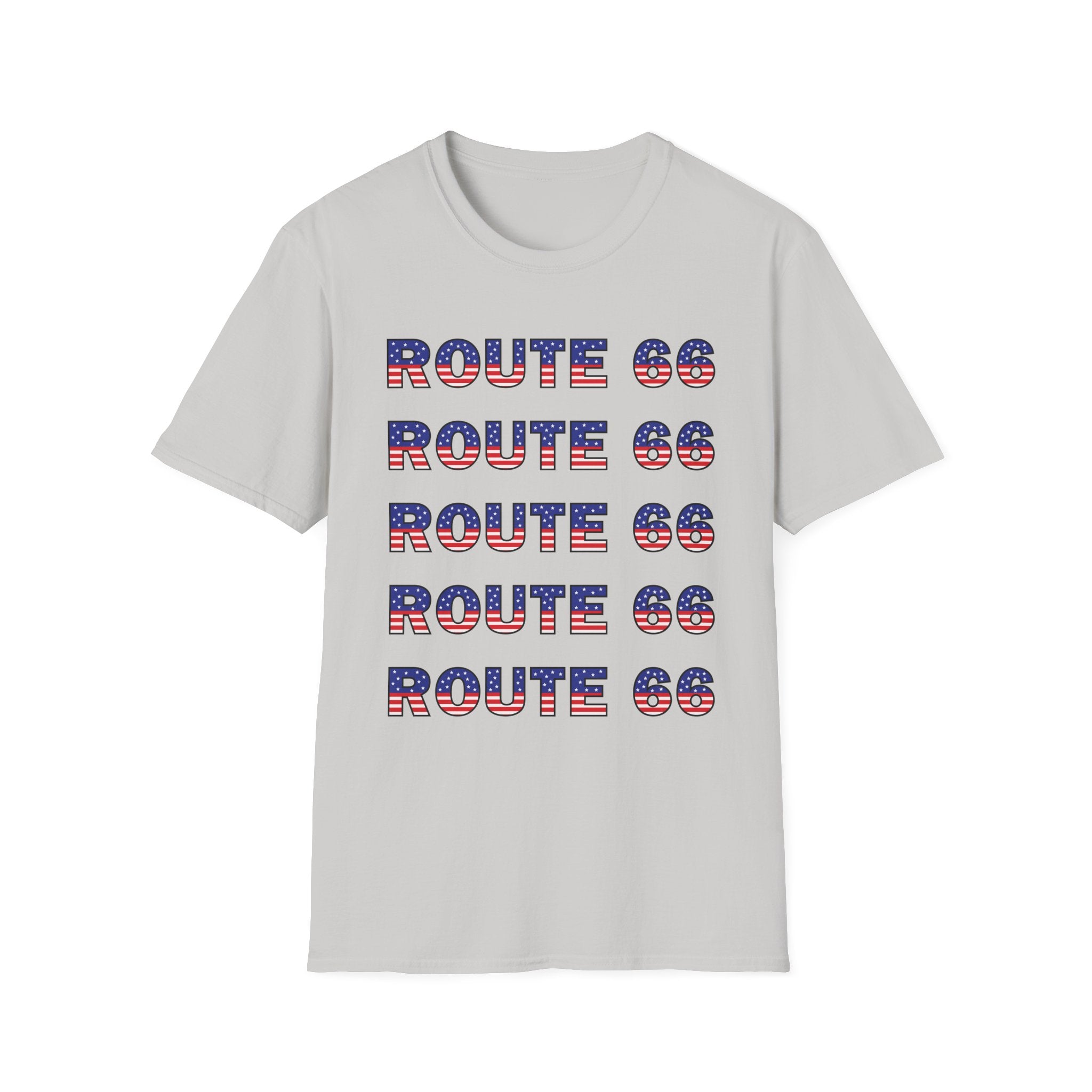 Route 66 Retro Text T-Shirt | American Flag Roadtrip Graphic