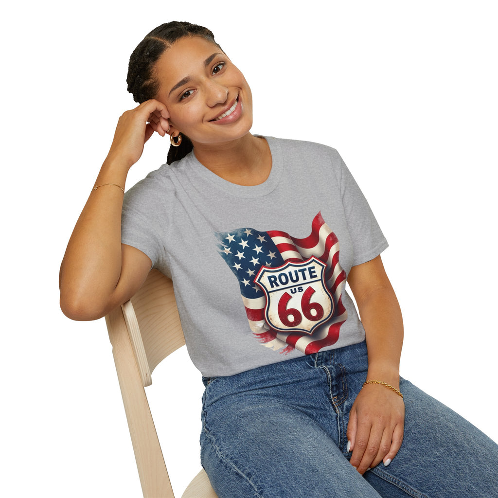 Route 66 Shield with American Flag T-Shirt | Vintage Road Trip Tee