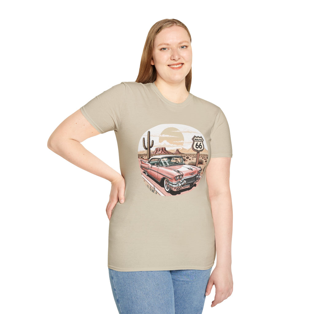 Retro Pink Classic Car Route 66 T-Shirt | Desert Cactus Vintage Roadtrip