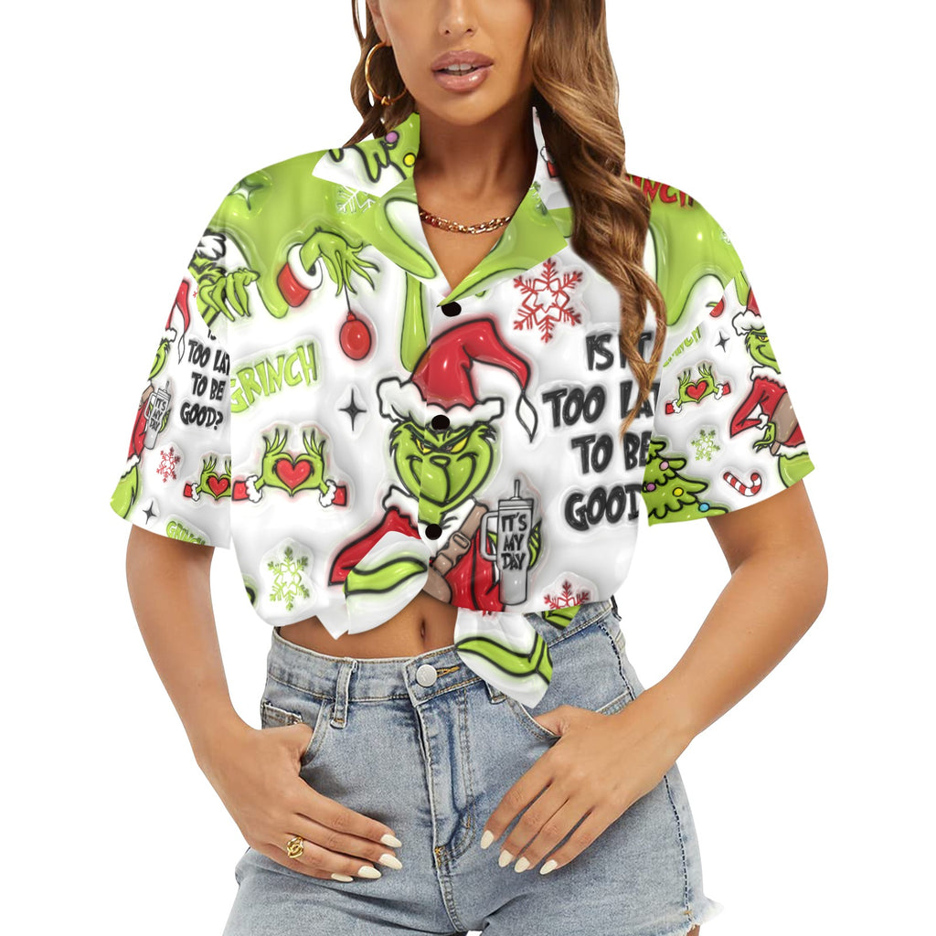 Women's All Over Print Grinchy Hawaiian Christmas Shirt （Made in USA，Ships to USA Only）