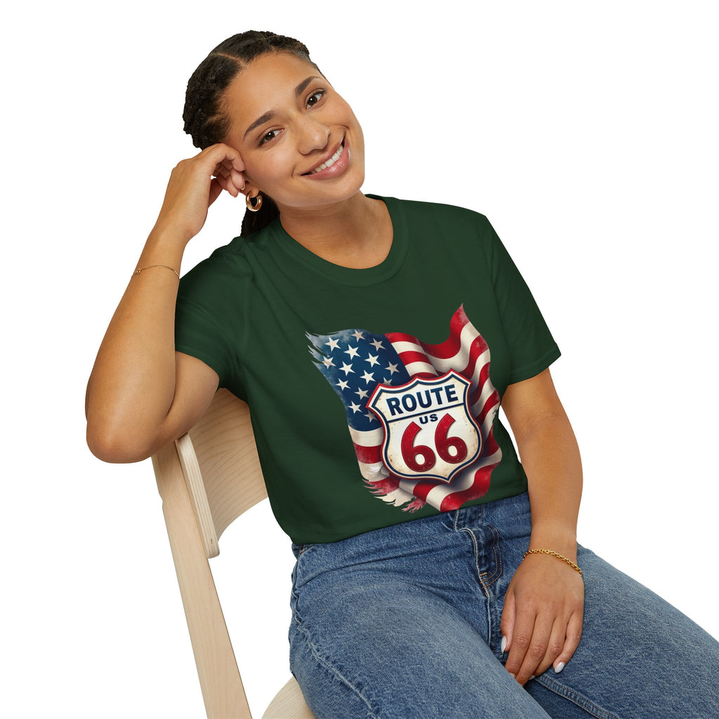 Route 66 Shield with American Flag T-Shirt | Vintage Road Trip Tee