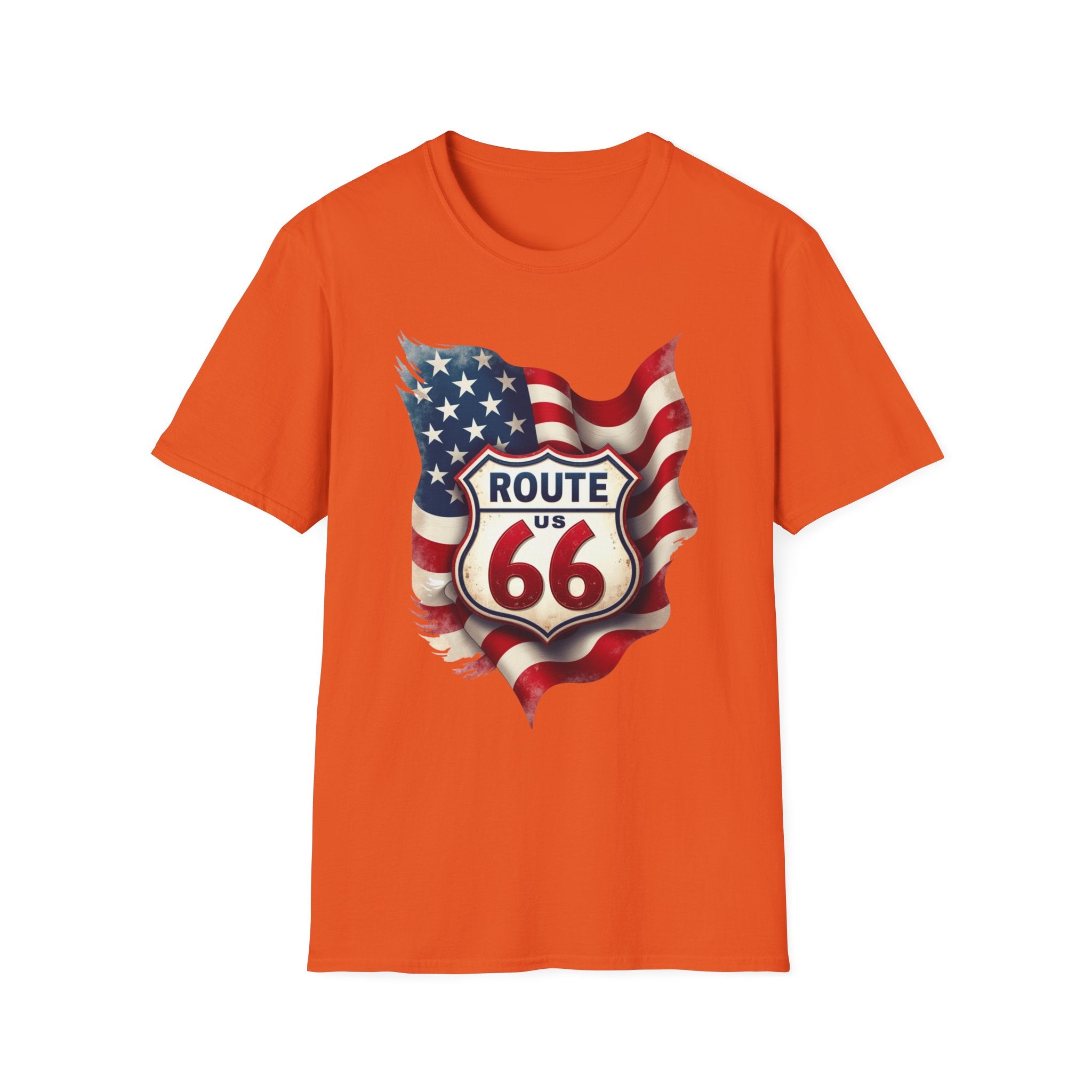 Route 66 Shield with American Flag T-Shirt | Vintage Road Trip Tee