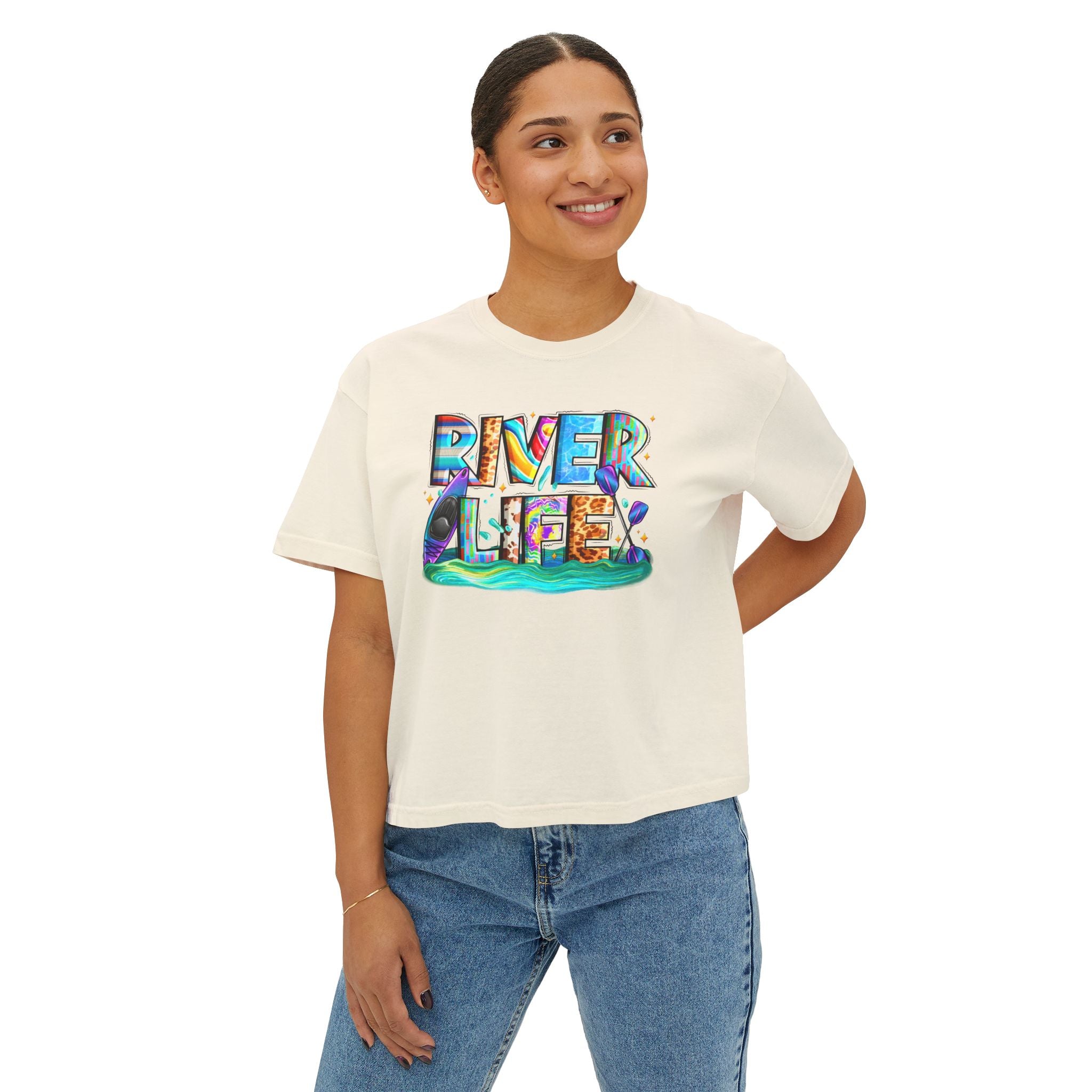 River Life boxy tee | colorful river lettering, kayak, fishing graphics