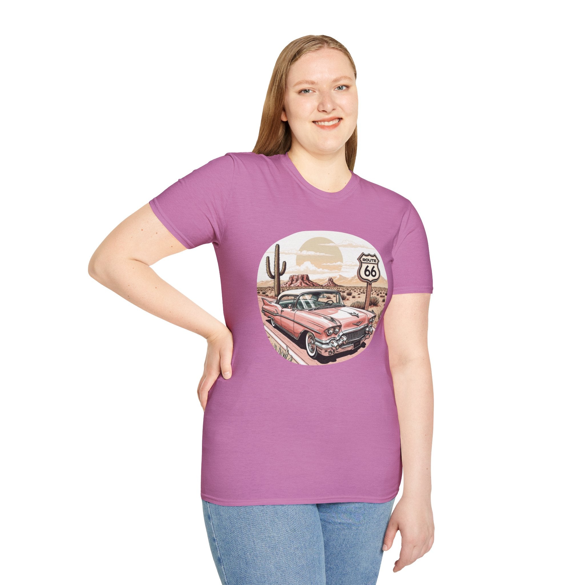 Retro Pink Classic Car Route 66 T-Shirt | Desert Cactus Vintage Roadtrip