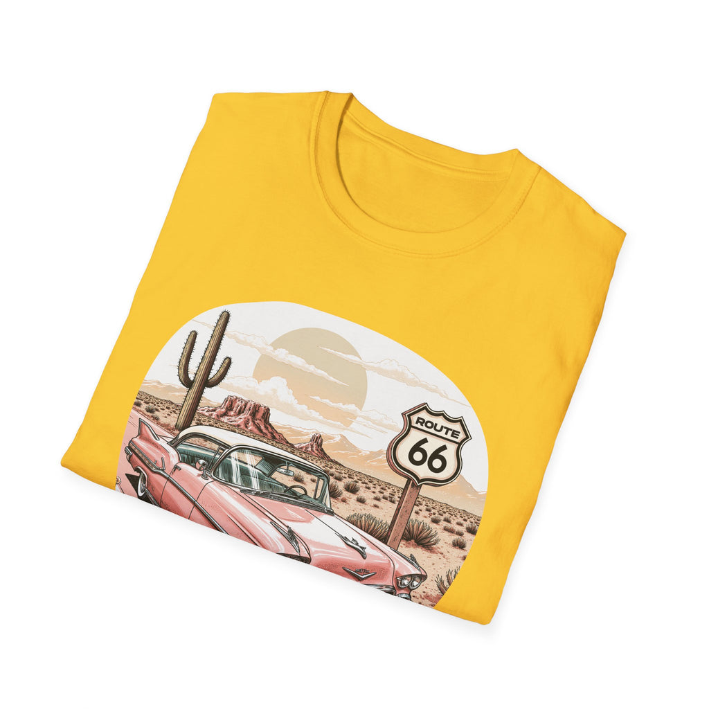 Retro Pink Classic Car Route 66 T-Shirt | Desert Cactus Vintage Roadtrip
