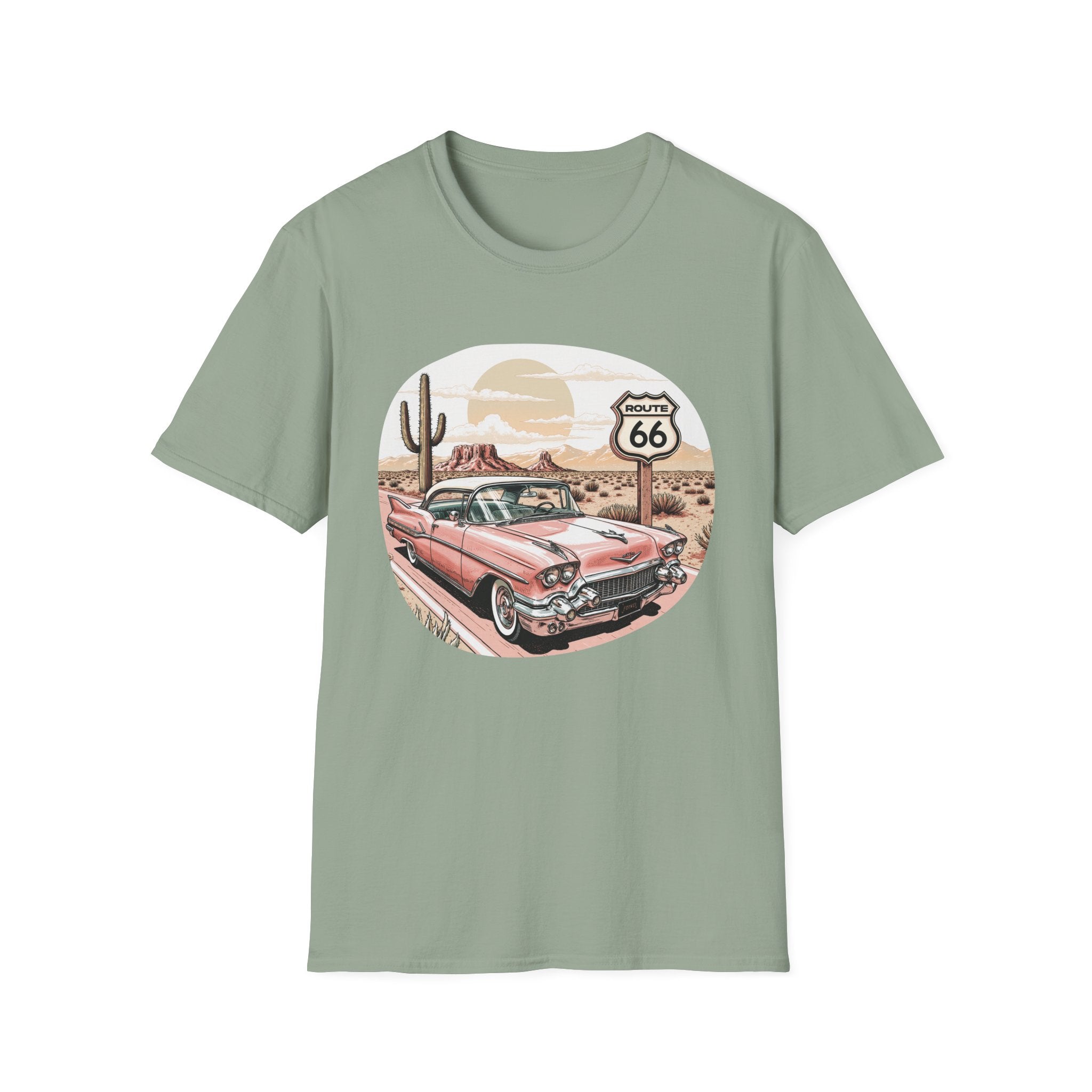 Retro Pink Classic Car Route 66 T-Shirt | Desert Cactus Vintage Roadtrip