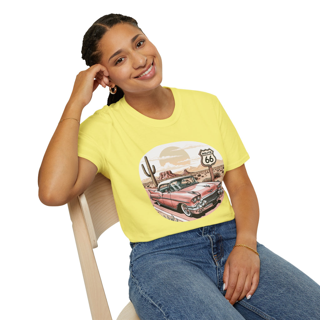 Retro Pink Classic Car Route 66 T-Shirt | Desert Cactus Vintage Roadtrip