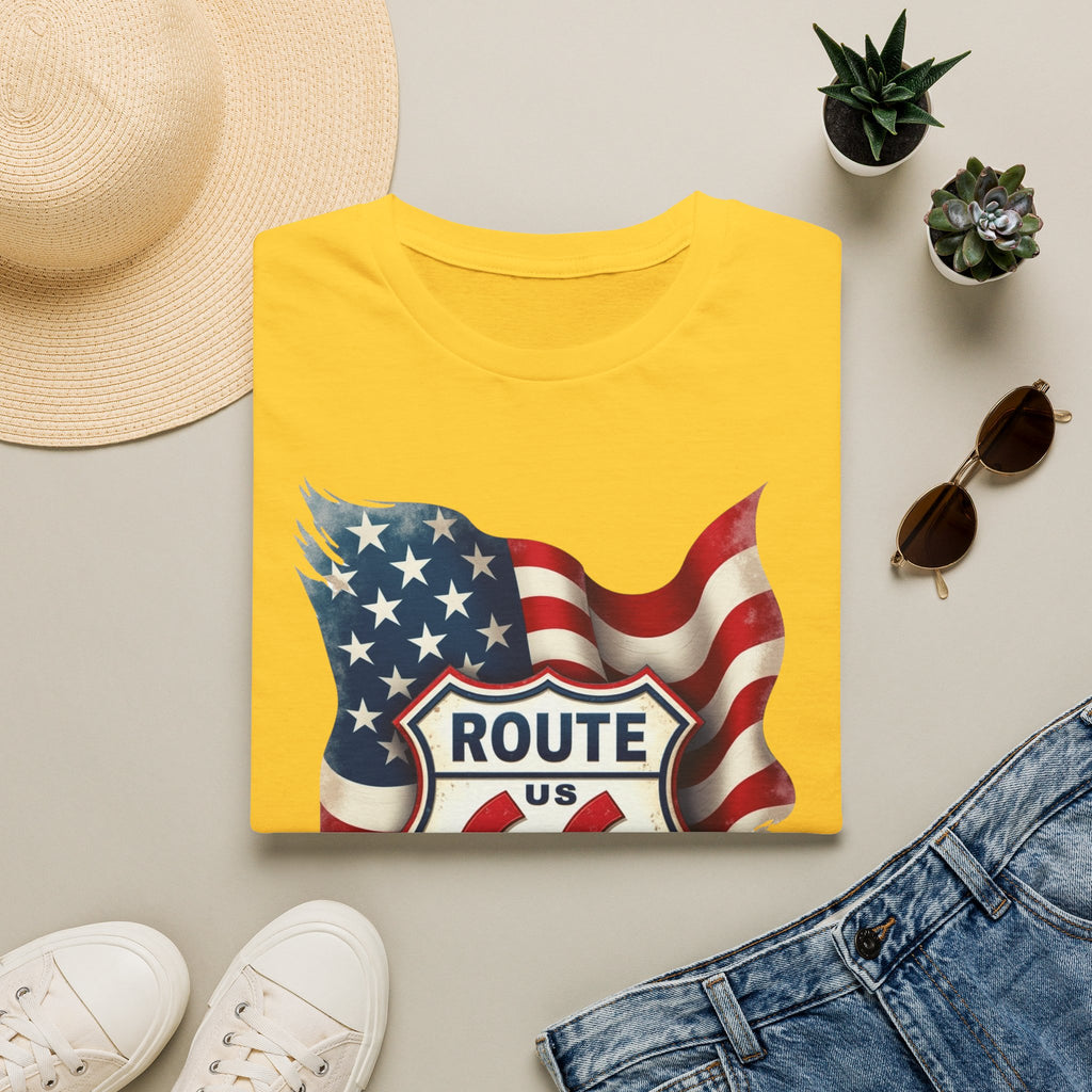 Route 66 Shield with American Flag T-Shirt | Vintage Road Trip Tee