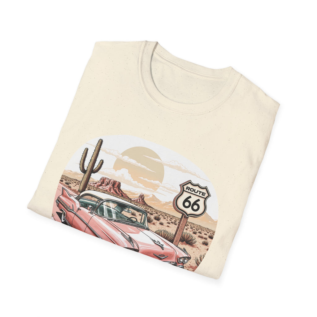 Retro Pink Classic Car Route 66 T-Shirt | Desert Cactus Vintage Roadtrip