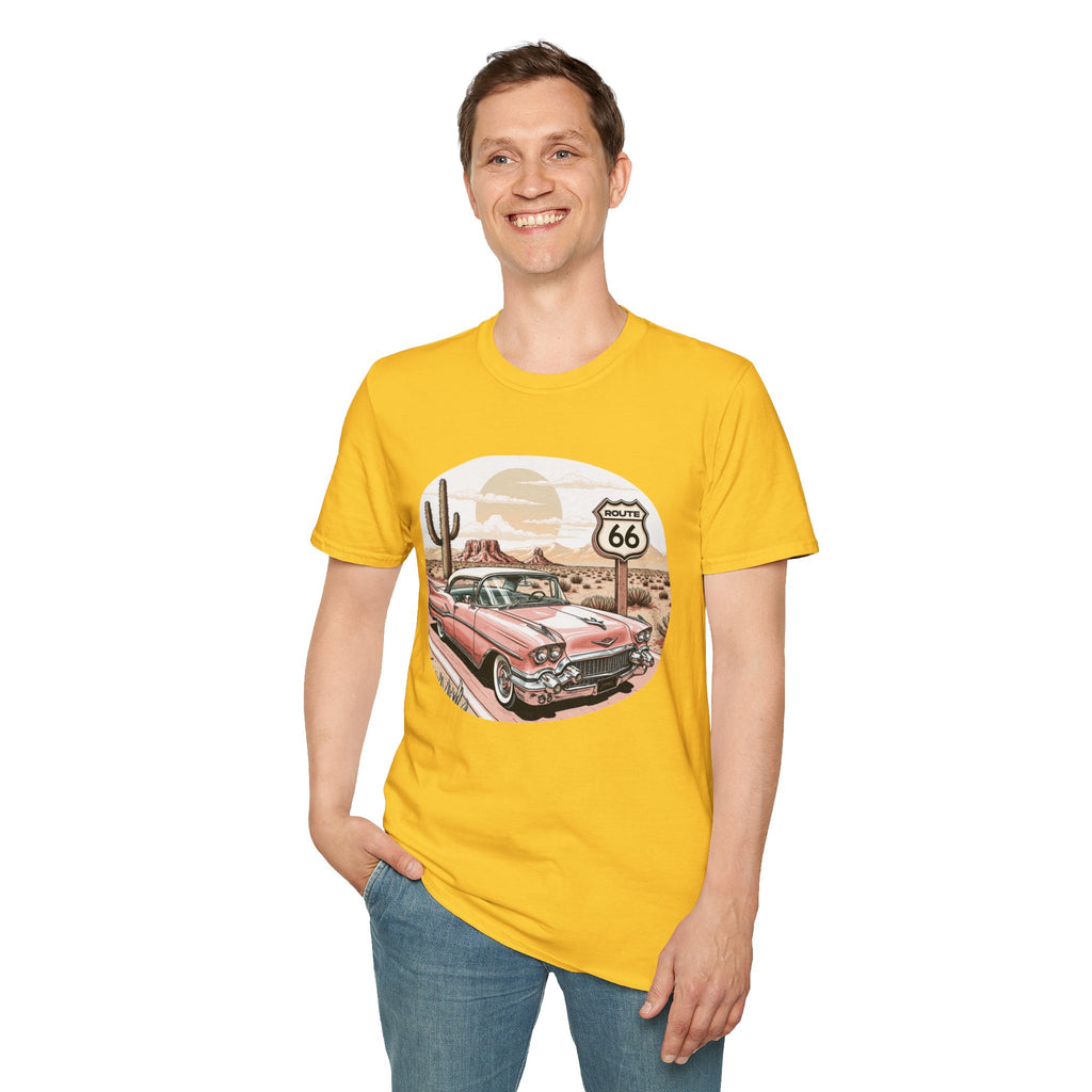 Retro Pink Classic Car Route 66 T-Shirt | Desert Cactus Vintage Roadtrip