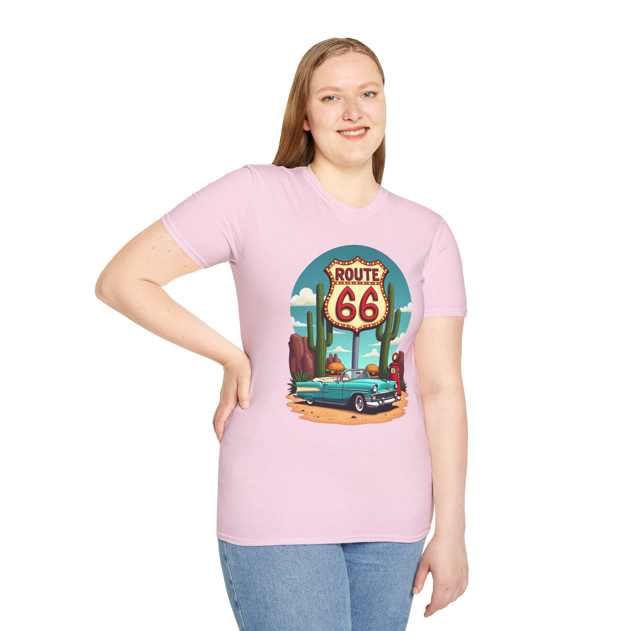 Route 66 Classic Car T-Shirt | Retro Desert Road Sign, Vintage Convertible