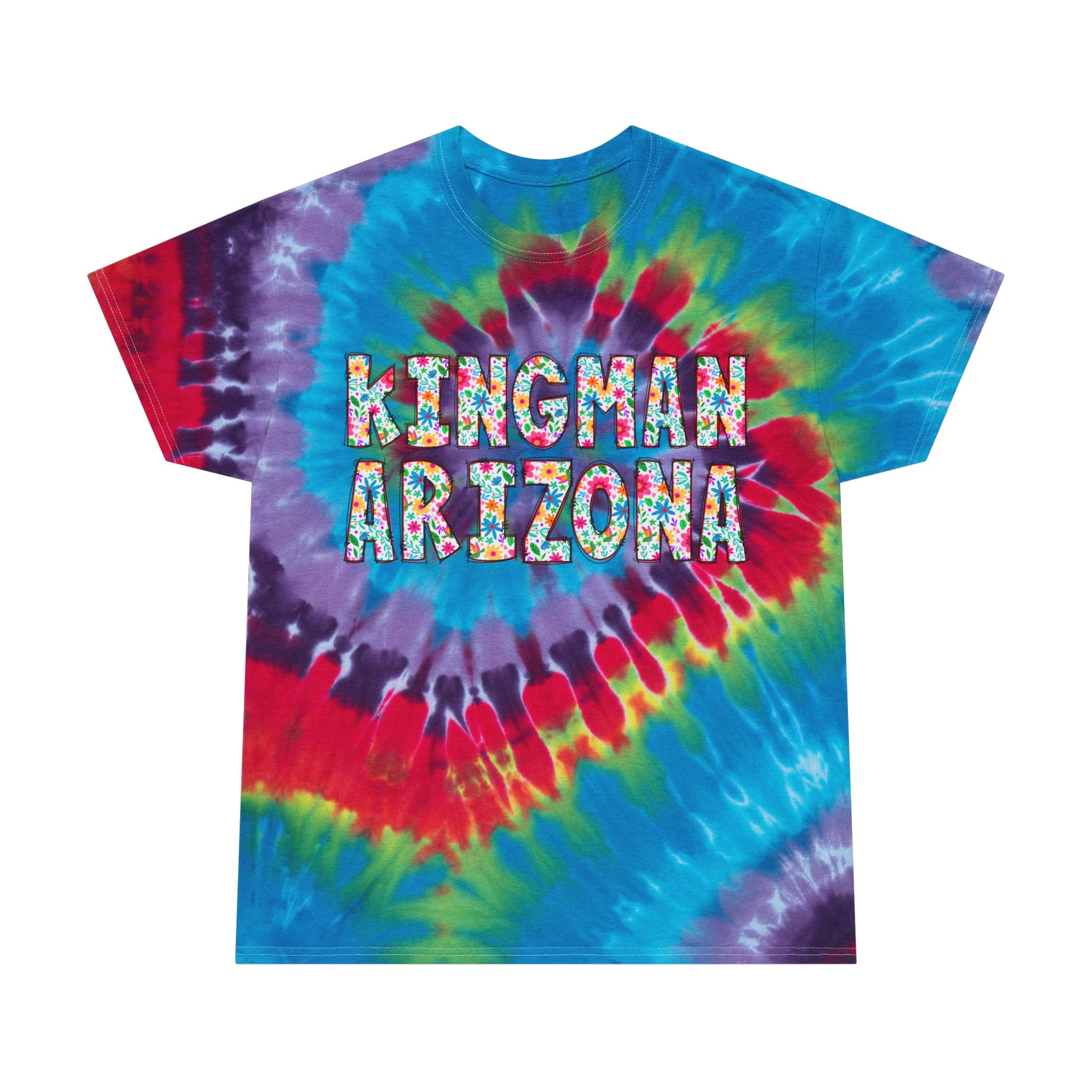 Colorful Tie-Dye Tee with 'Kingman Arizona' Design, Summer Vibe, Perfect for Festivals, Gifts, Beach Days, Casual Wear