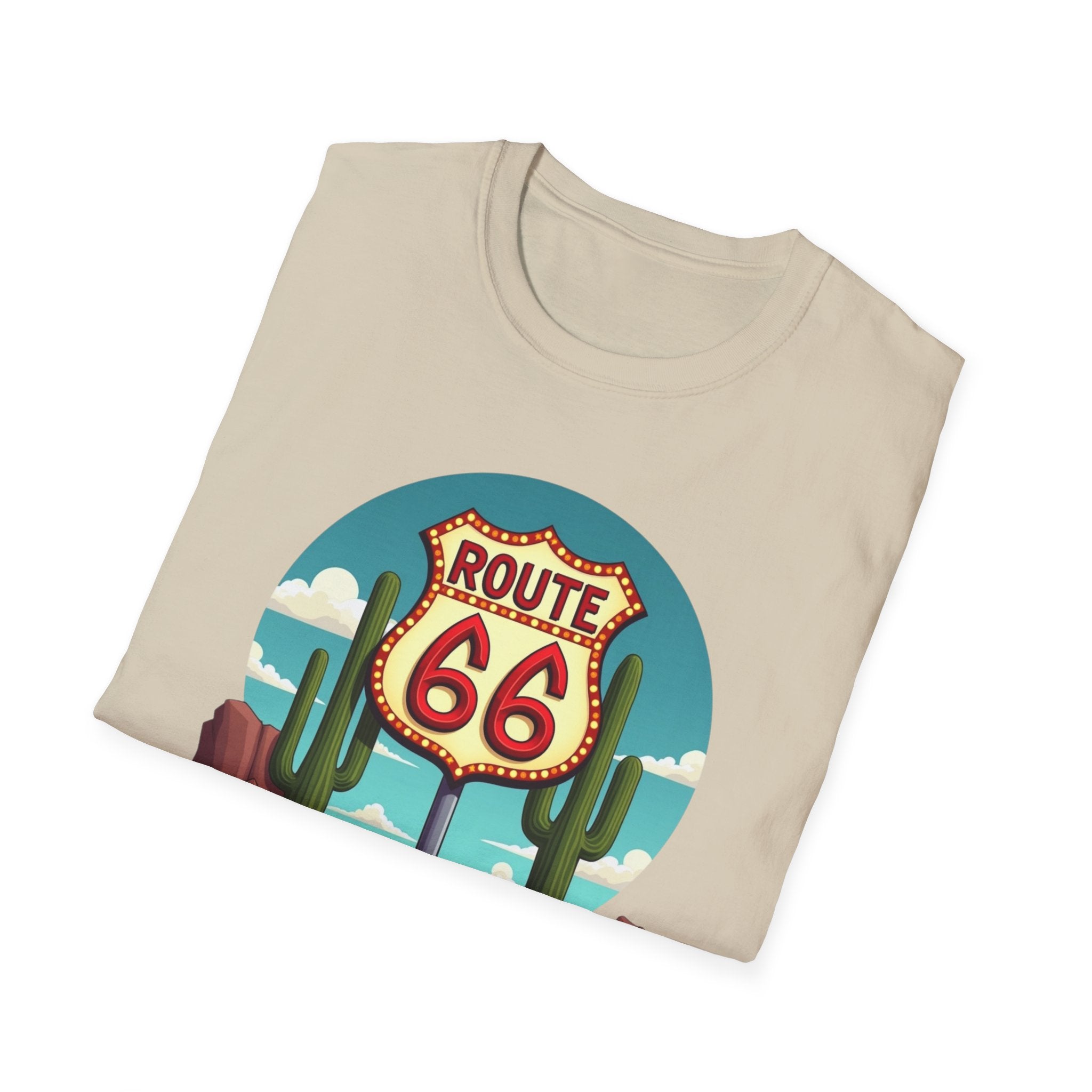 Route 66 Classic Car T-Shirt | Retro Desert Road Sign, Vintage Convertible