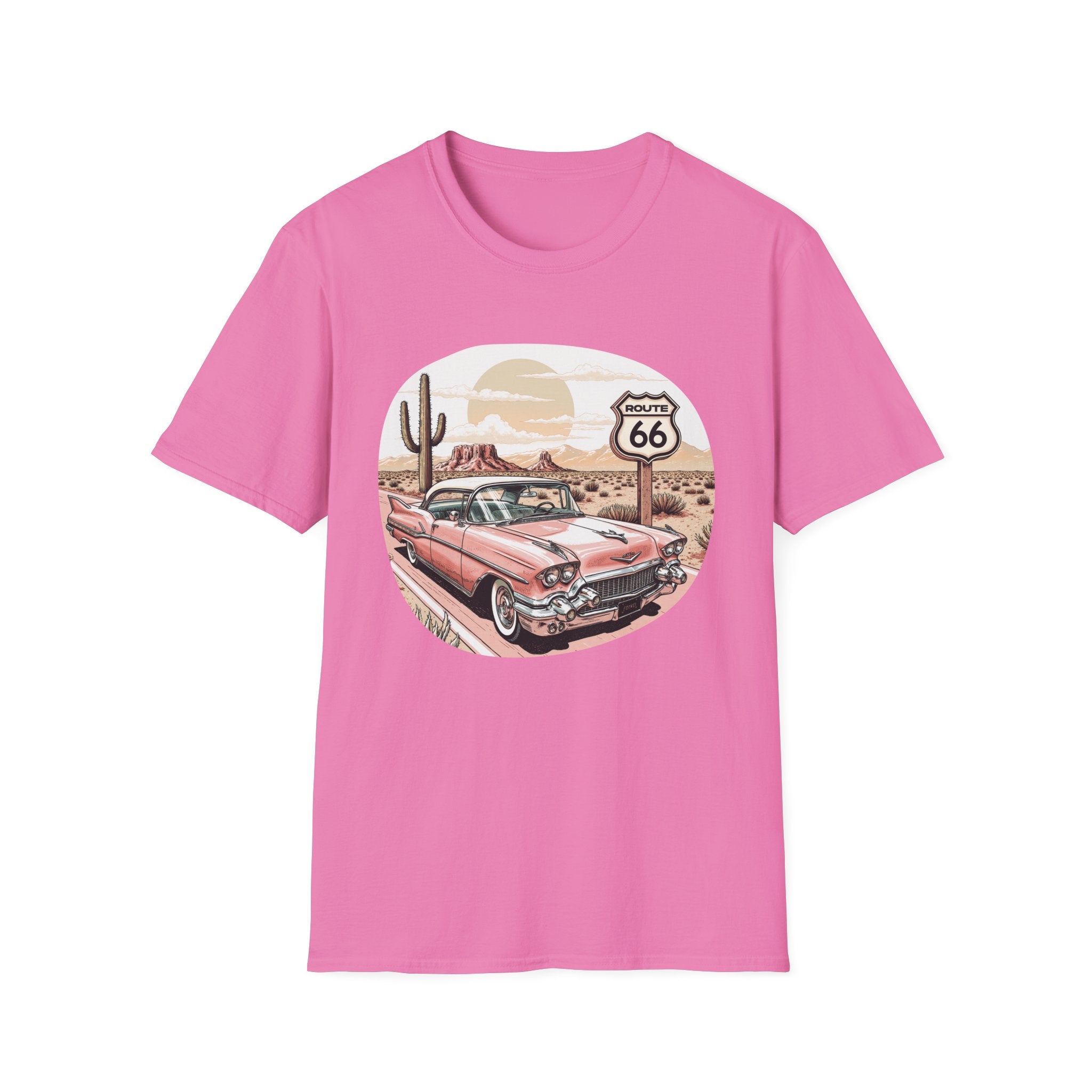 Retro Pink Classic Car Route 66 T-Shirt | Desert Cactus Vintage Roadtrip