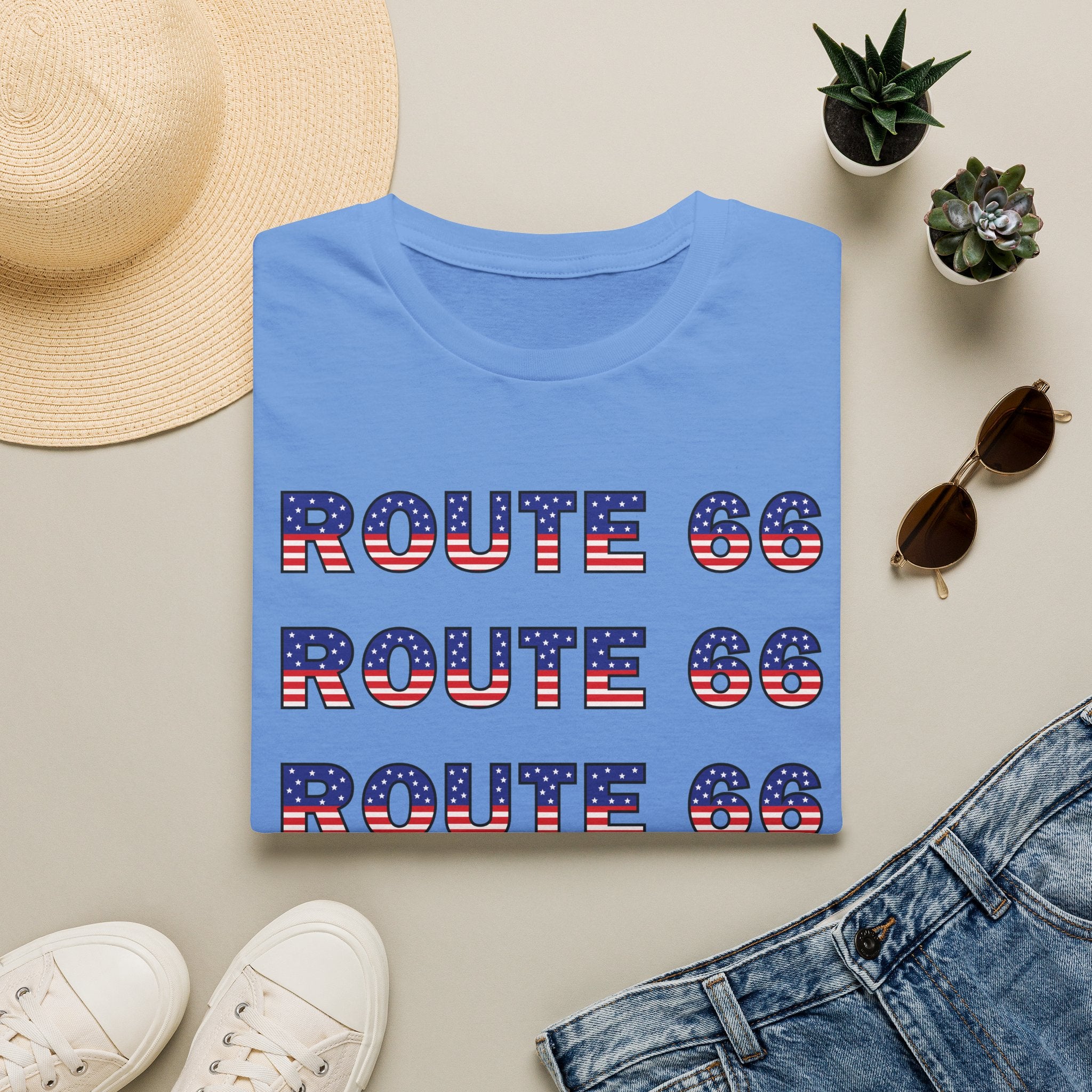 Route 66 Retro Text T-Shirt | American Flag Roadtrip Graphic