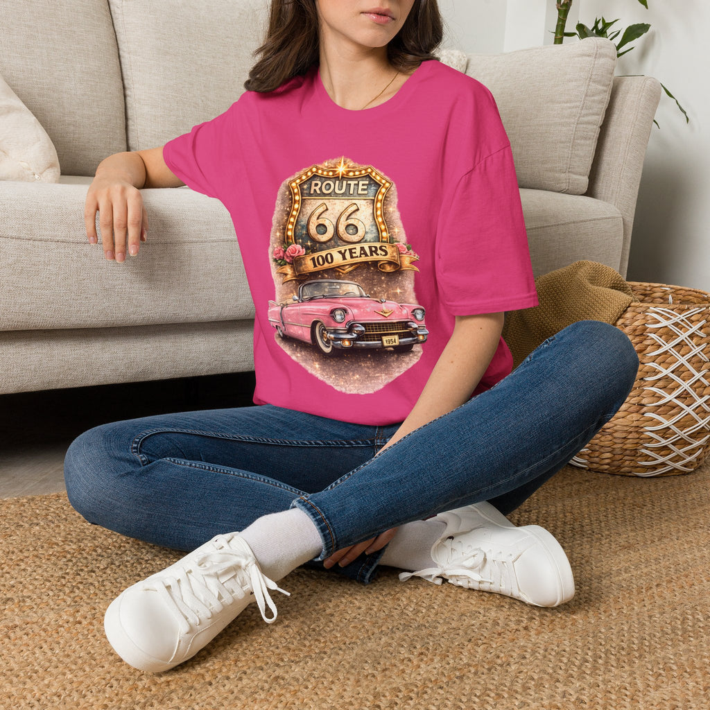 Route 66 100 Years Pink Classic Car T-Shirt | Vintage Road Trip Tee