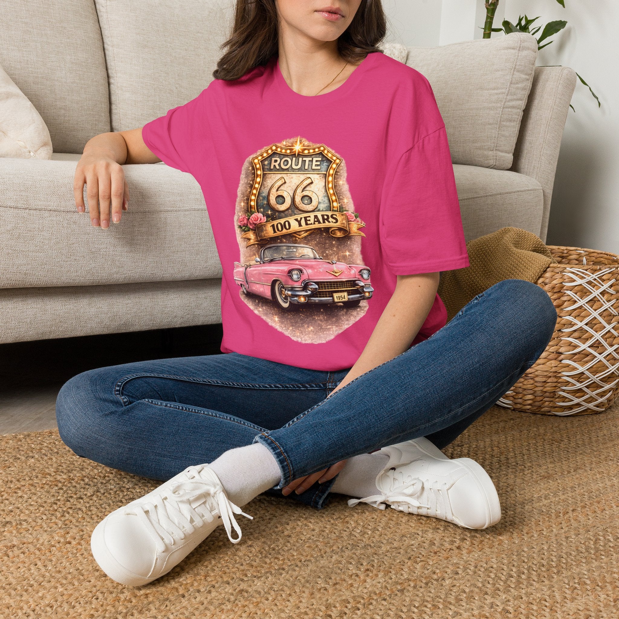 Route 66 100 Years Pink Classic Car T-Shirt | Vintage Road Trip Tee