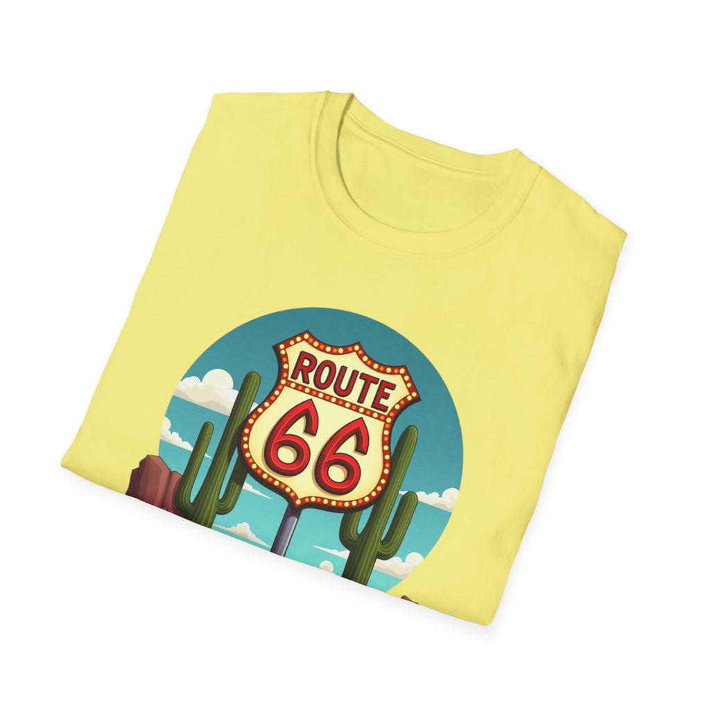 Route 66 Classic Car T-Shirt | Retro Desert Road Sign, Vintage Convertible