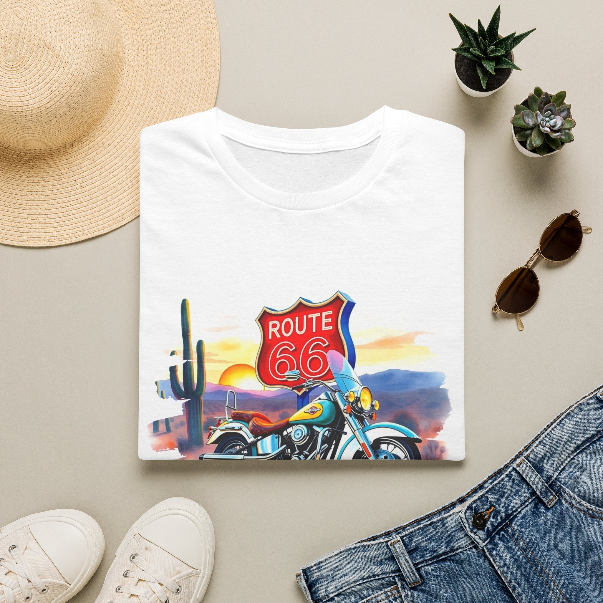 Route 66 Motorcycle T-Shirt | Desert Sunset Biker Graphic