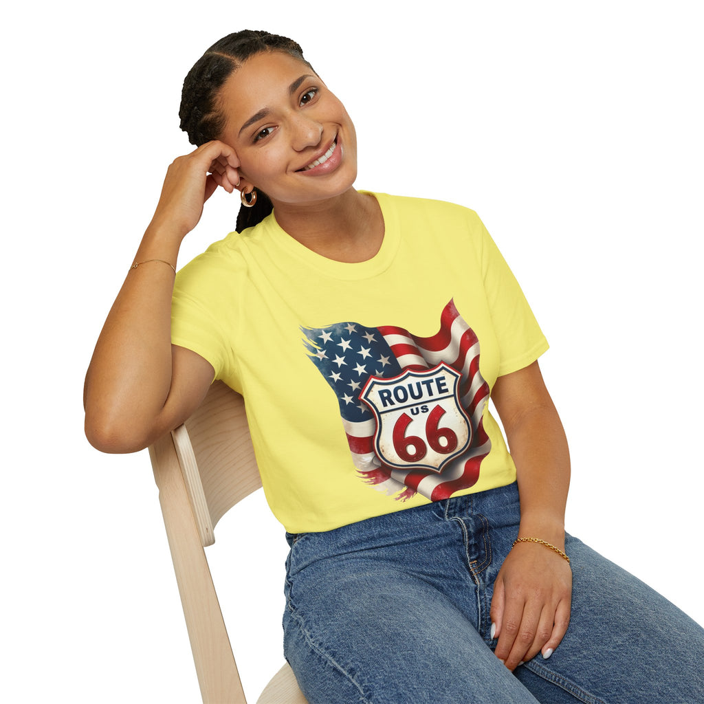 Route 66 Shield with American Flag T-Shirt | Vintage Road Trip Tee