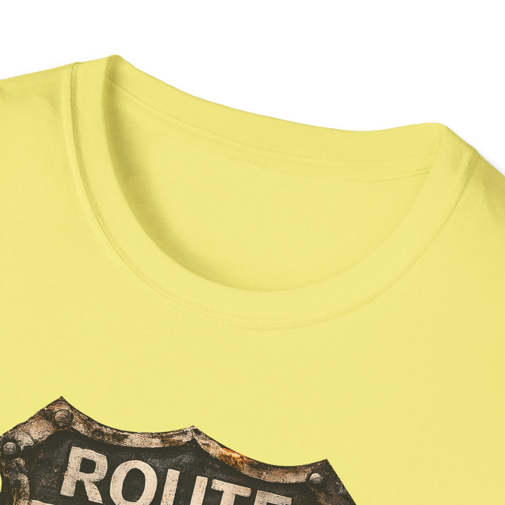 Route 66 Skull Badge T-Shirt | Ride the Legend, Winged Helmet Motorcycle Design