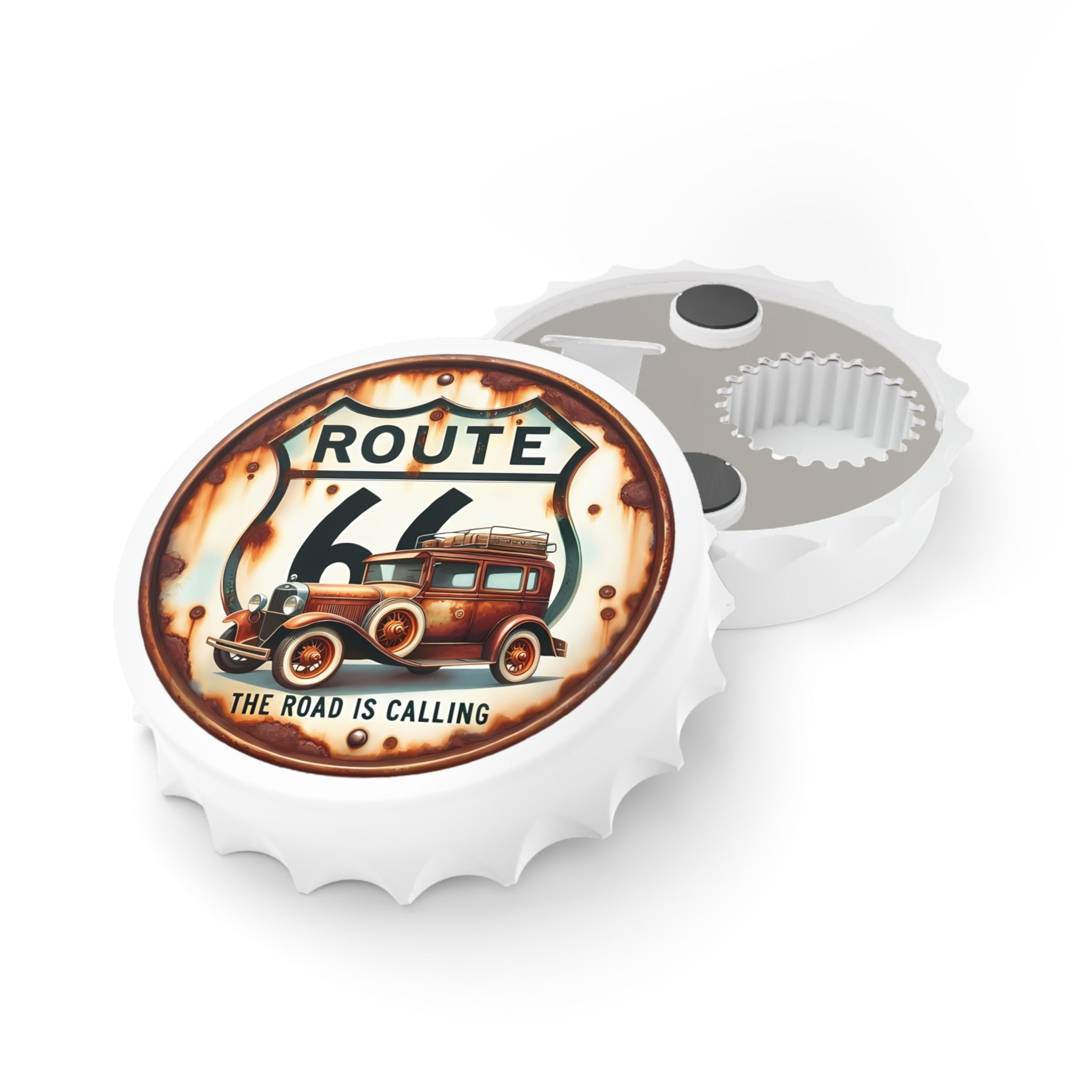 Route 66 Bottle Opener — 'The Road Is Calling' Vintage Car Design
