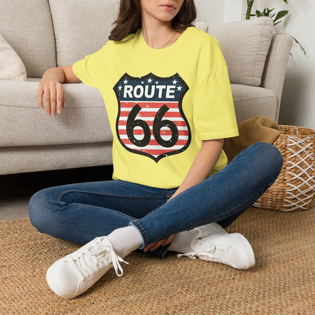 Route 66 Shield T-Shirt | American Flag Vintage Road Sign