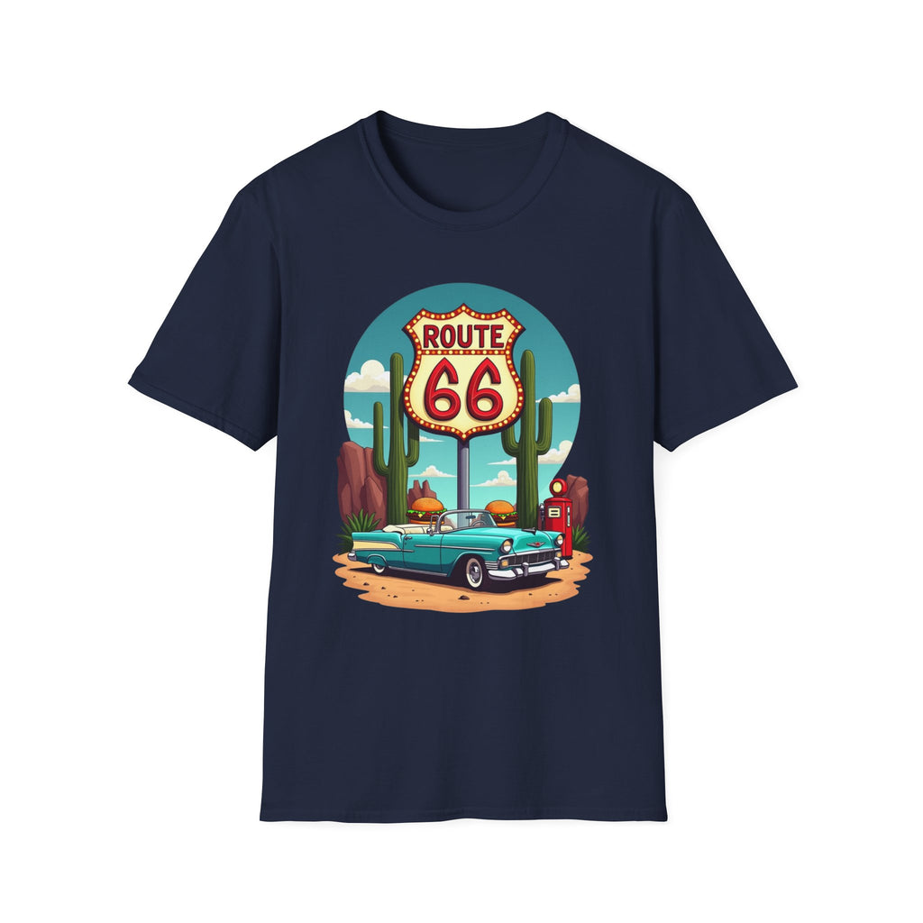 Route 66 Classic Car T-Shirt | Retro Desert Road Sign, Vintage Convertible