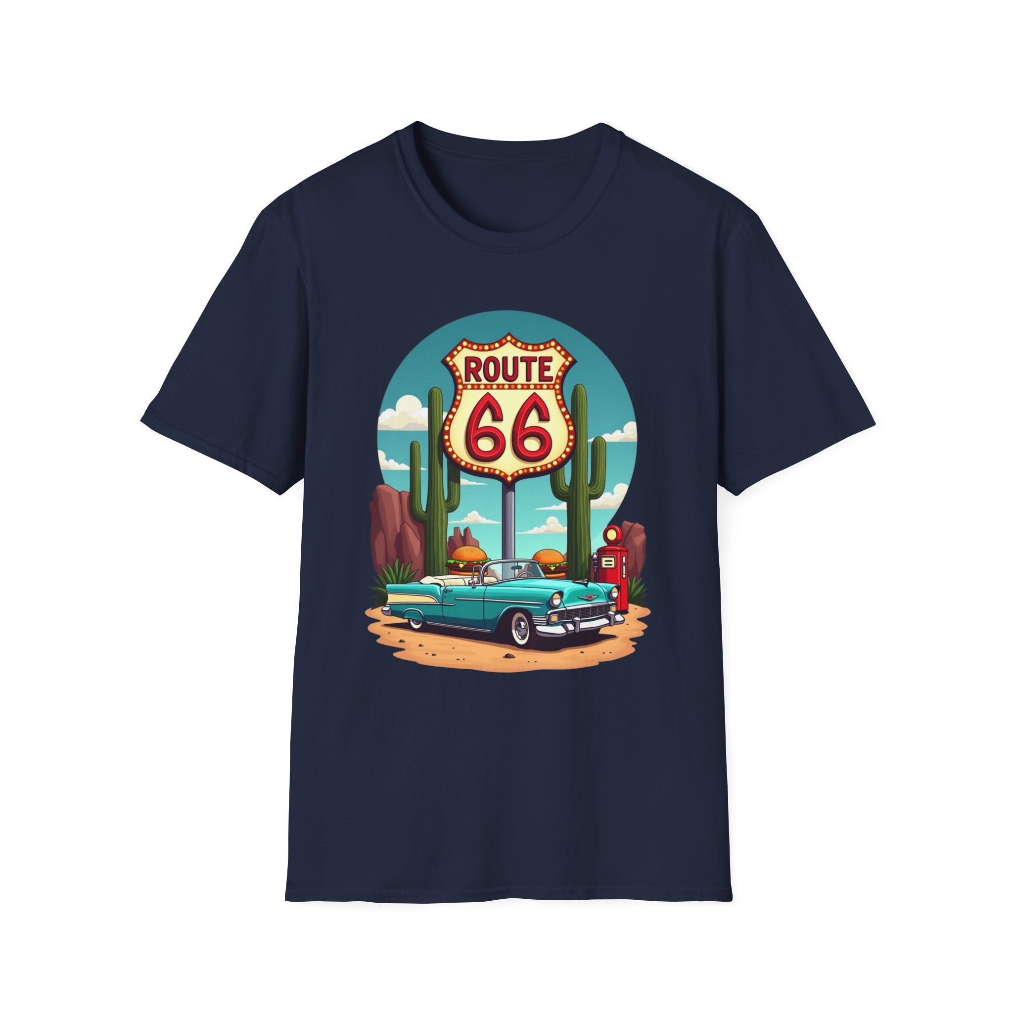 Route 66 Classic Car T-Shirt | Retro Desert Road Sign, Vintage Convertible