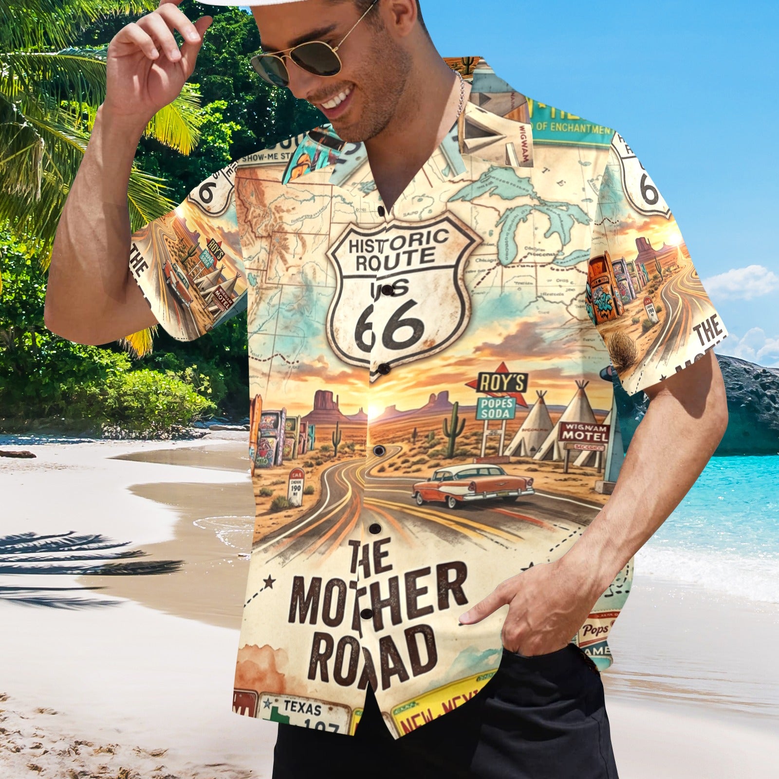 Route 66 The Mother Road Men's All Over Print Hawaiian Shirt Made In USA Ships to USA Only