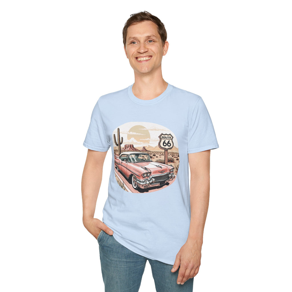 Retro Pink Classic Car Route 66 T-Shirt | Desert Cactus Vintage Roadtrip