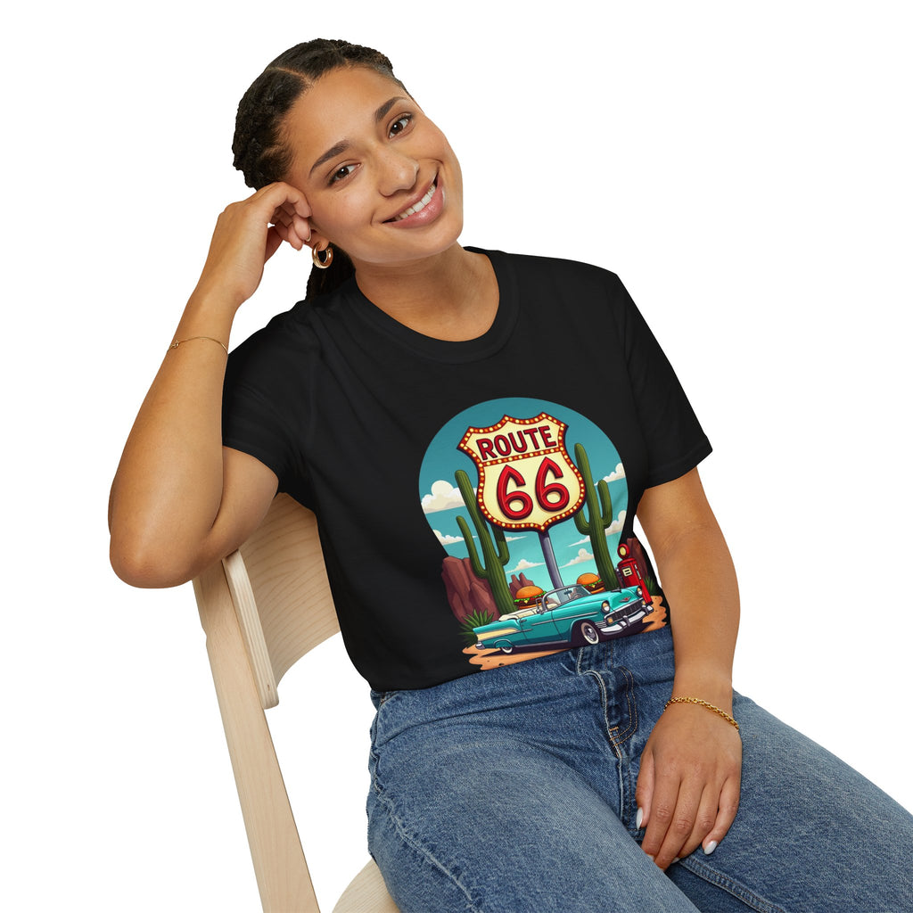 Route 66 Classic Car T-Shirt | Retro Desert Road Sign, Vintage Convertible