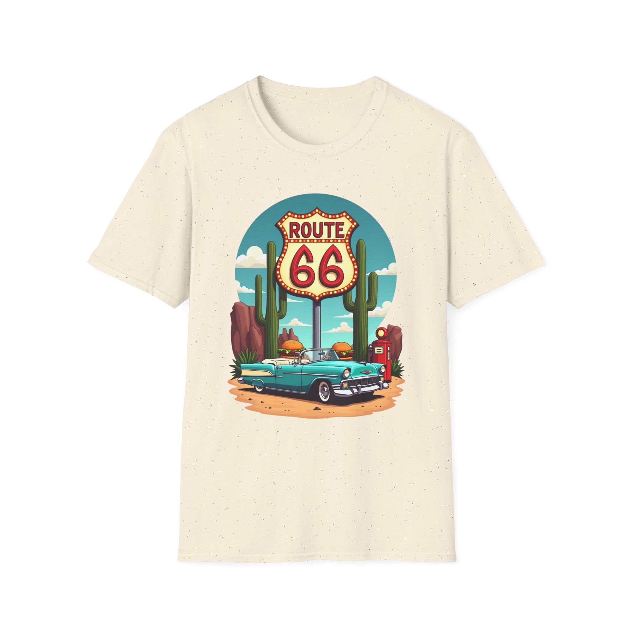 Route 66 Classic Car T-Shirt | Retro Desert Road Sign, Vintage Convertible