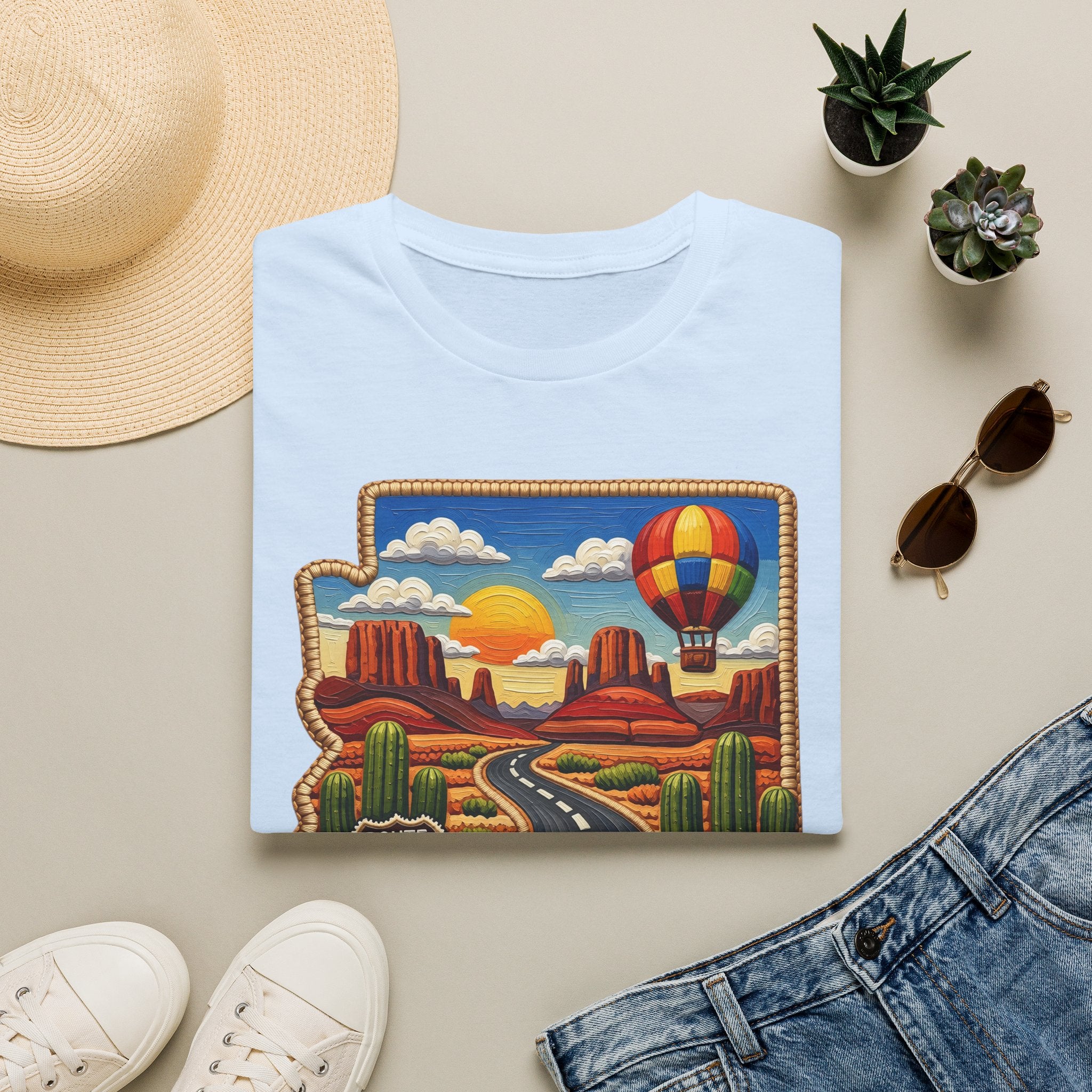 Arizona Route 66 Desert Road T-Shirt | Hot Air Balloon Southwestern Scene
