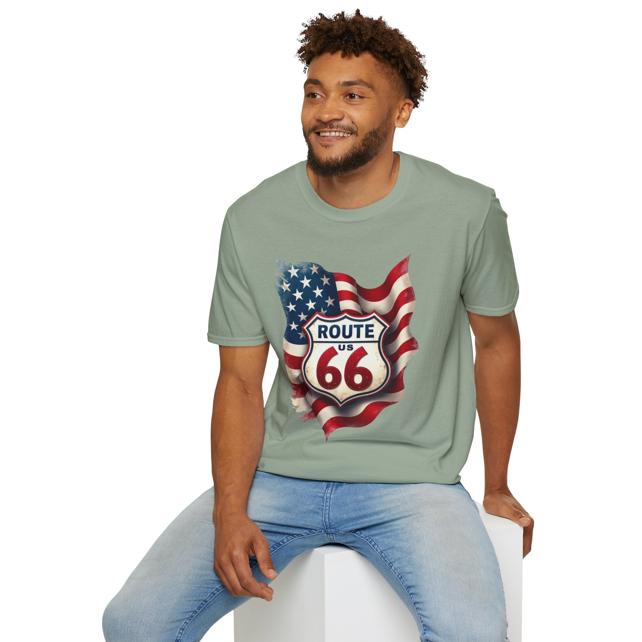 Route 66 Shield with American Flag T-Shirt | Vintage Road Trip Tee