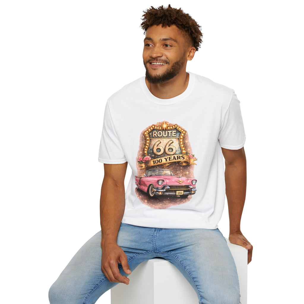 Route 66 100 Years Pink Classic Car T-Shirt | Vintage Road Trip Tee