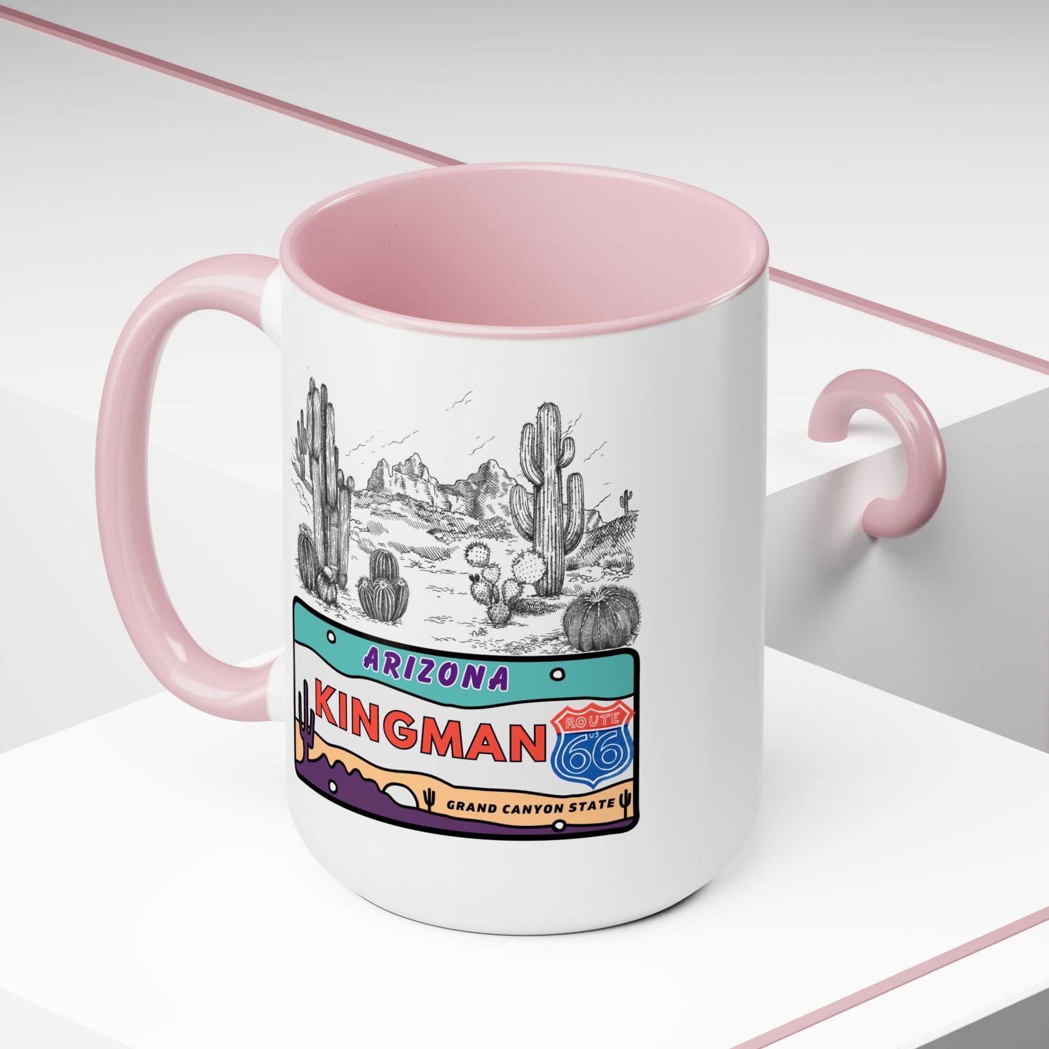 Kingman Arizona Route 66 Two-Tone Coffee Mugs, 15oz
