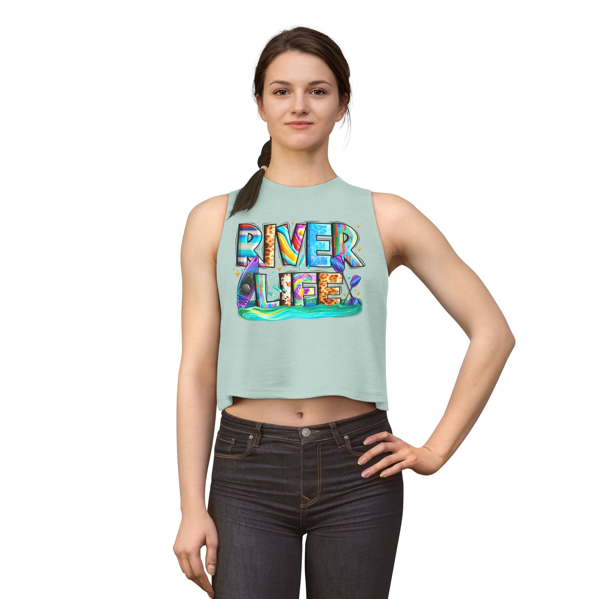 River Life Graphic Women's Crop Top | Kayak Paddle River Scene