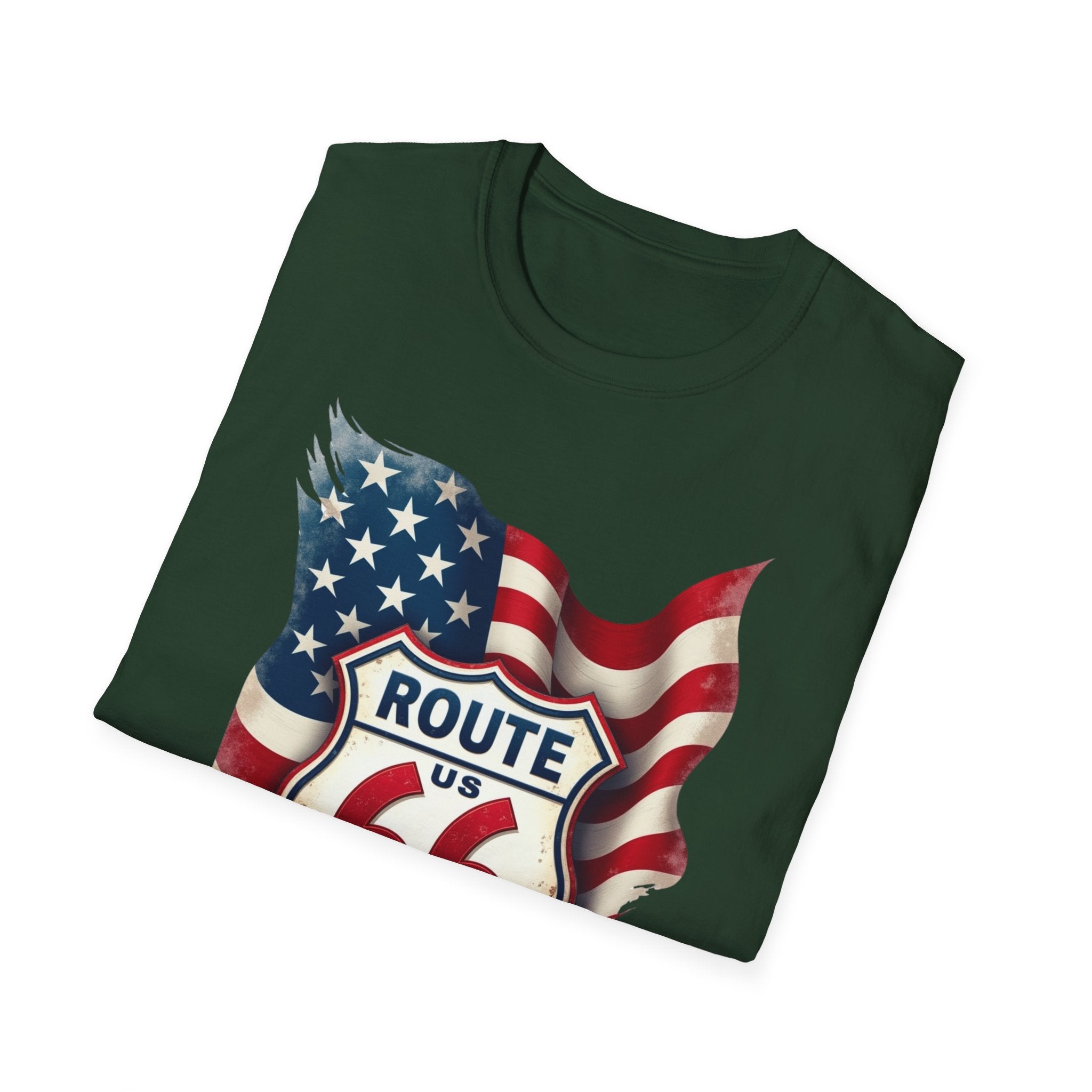 Route 66 Shield with American Flag T-Shirt | Vintage Road Trip Tee