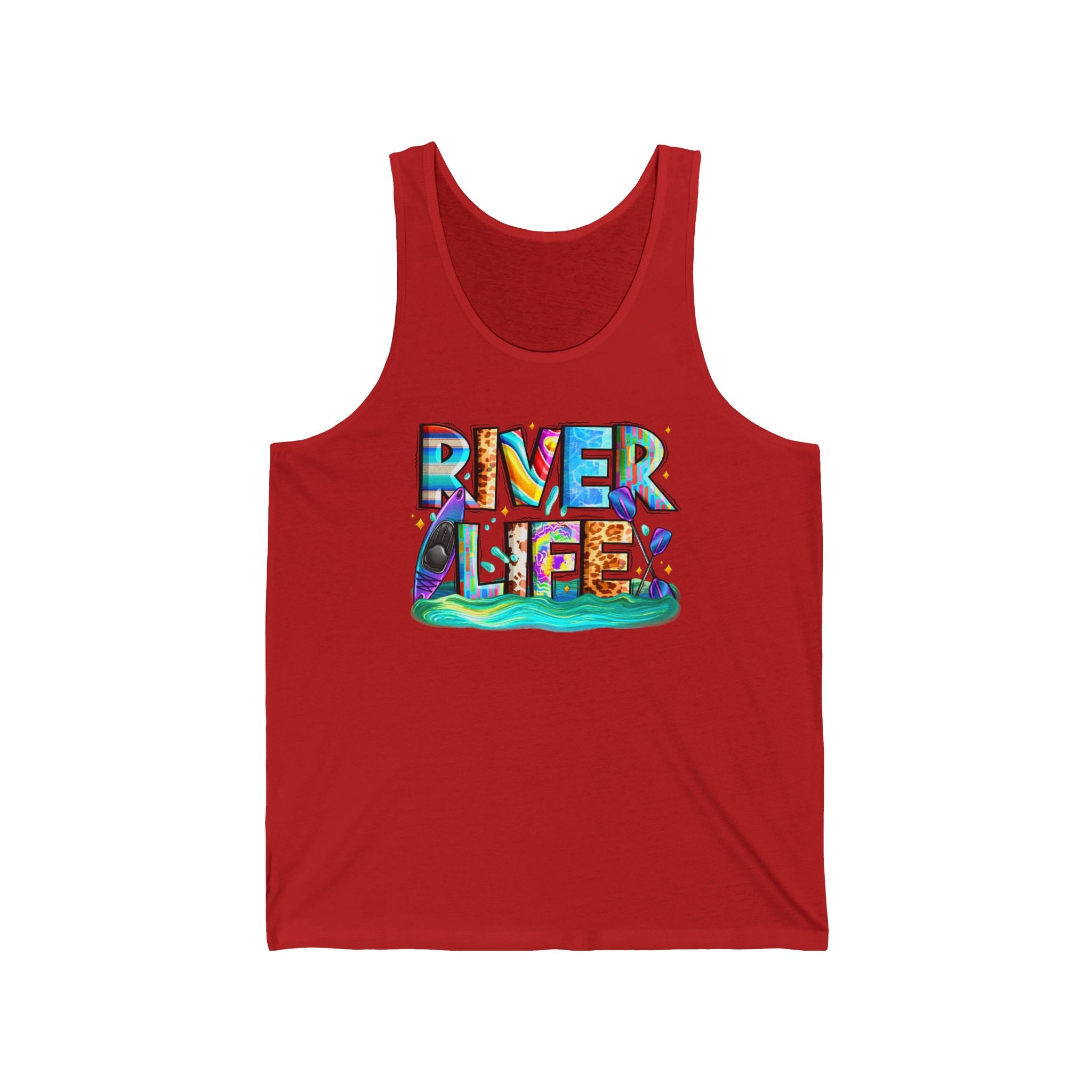 River Life tank | colorful water typography, kayak, nature summer design