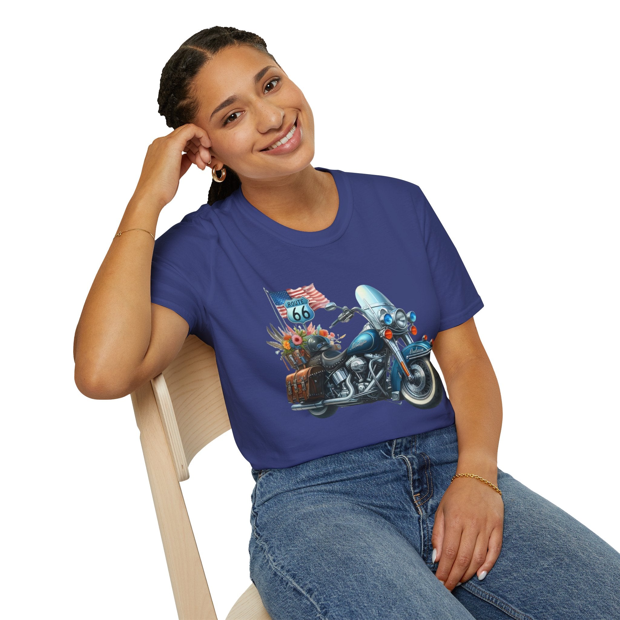 Route 66 Motorcycle Illustration T-Shirt | American Flag, Sunflowers
