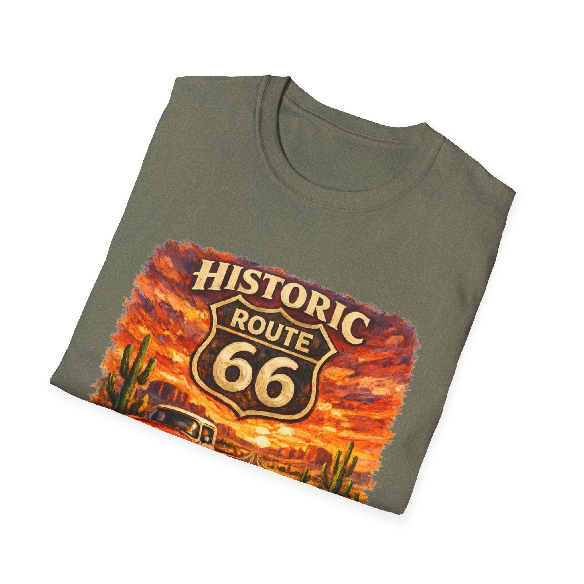 Historic Route 66 Road Trip T-Shirt | Vintage Car Desert Sunset