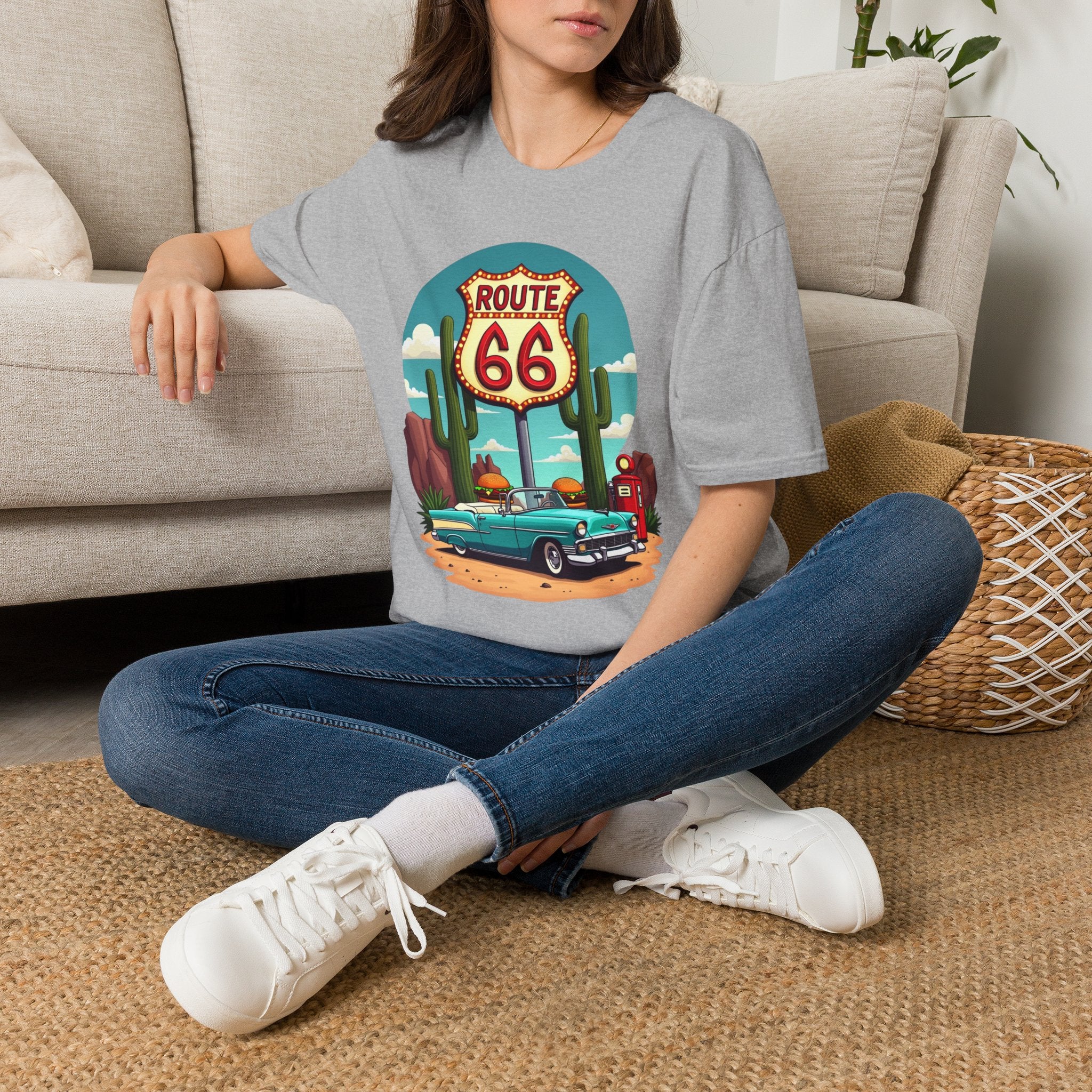 Route 66 Classic Car T-Shirt | Retro Desert Road Sign, Vintage Convertible