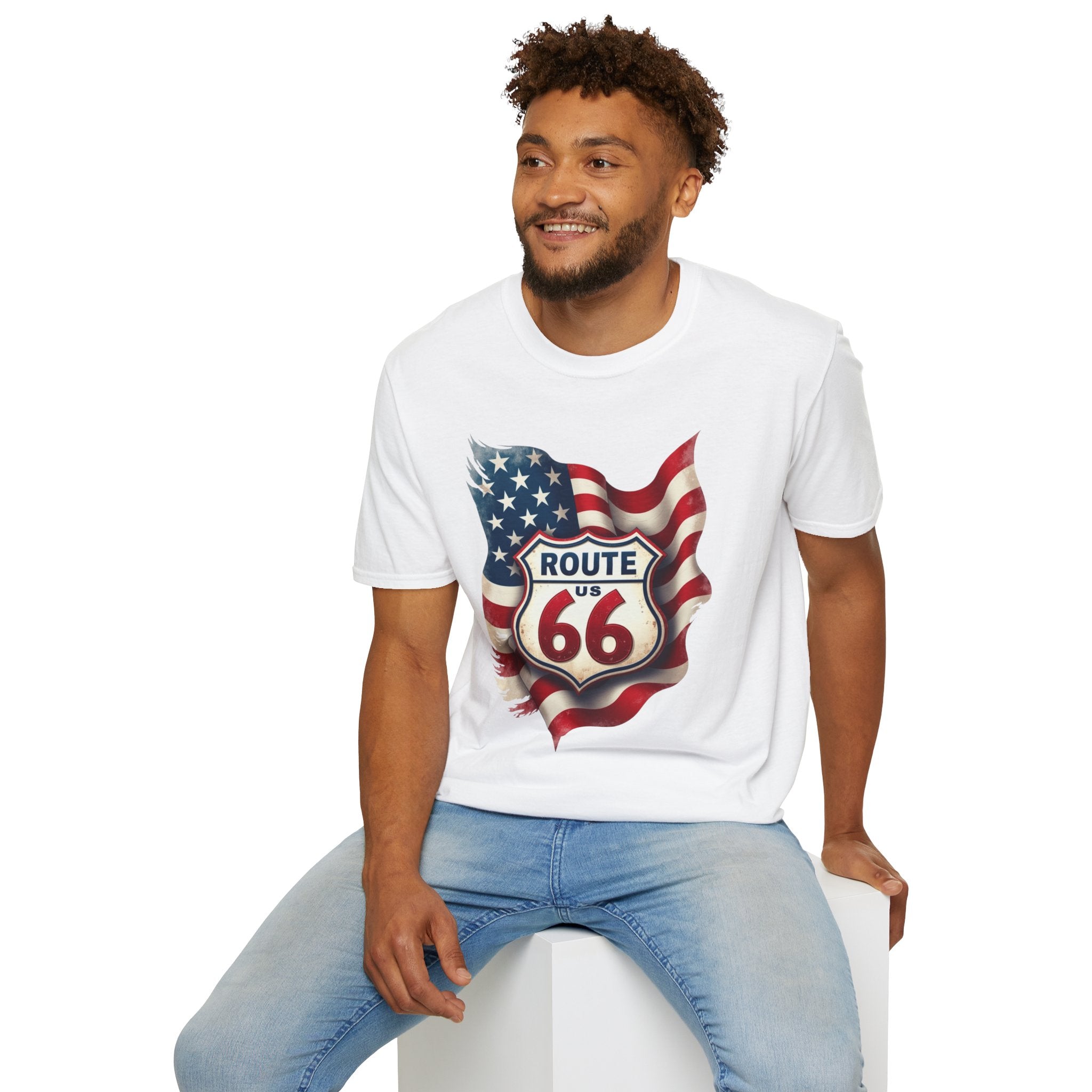Route 66 Shield with American Flag T-Shirt | Vintage Road Trip Tee