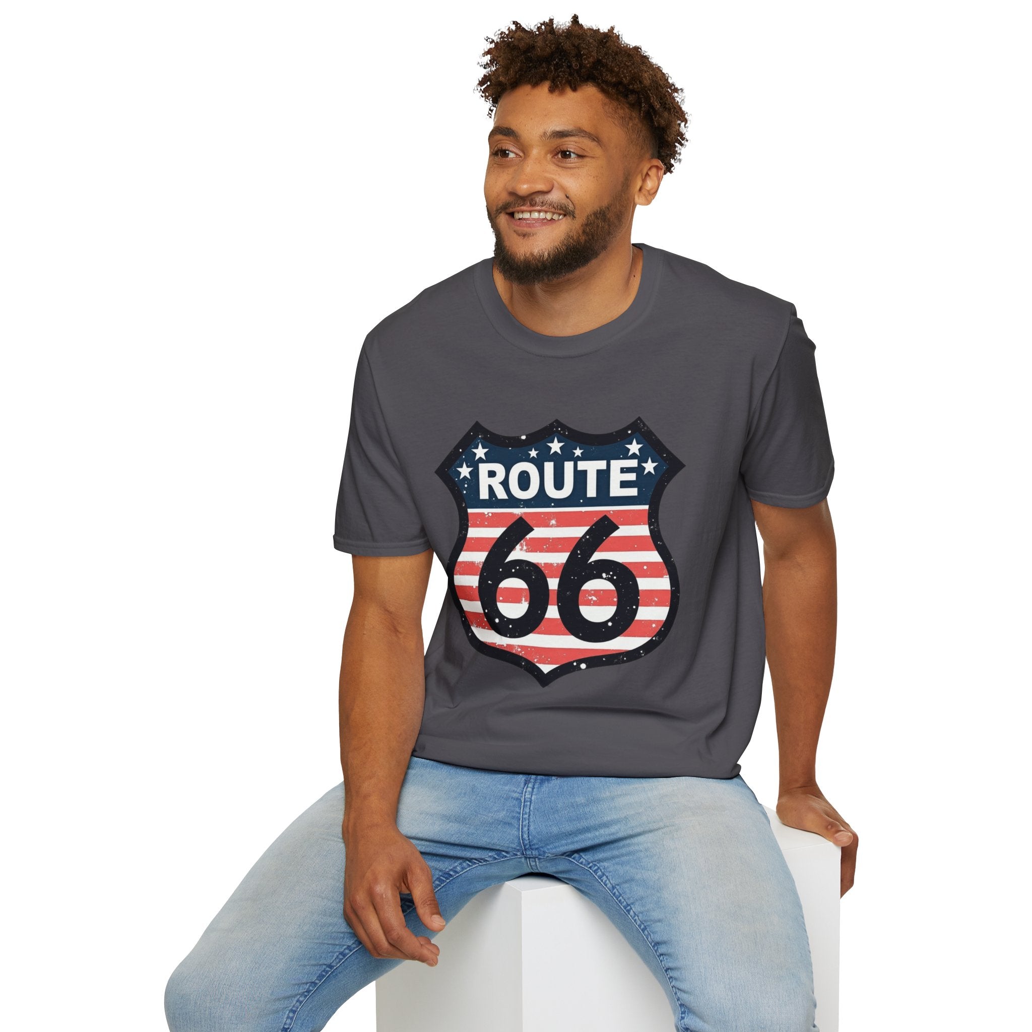 Route 66 Shield T-Shirt | American Flag Vintage Road Sign