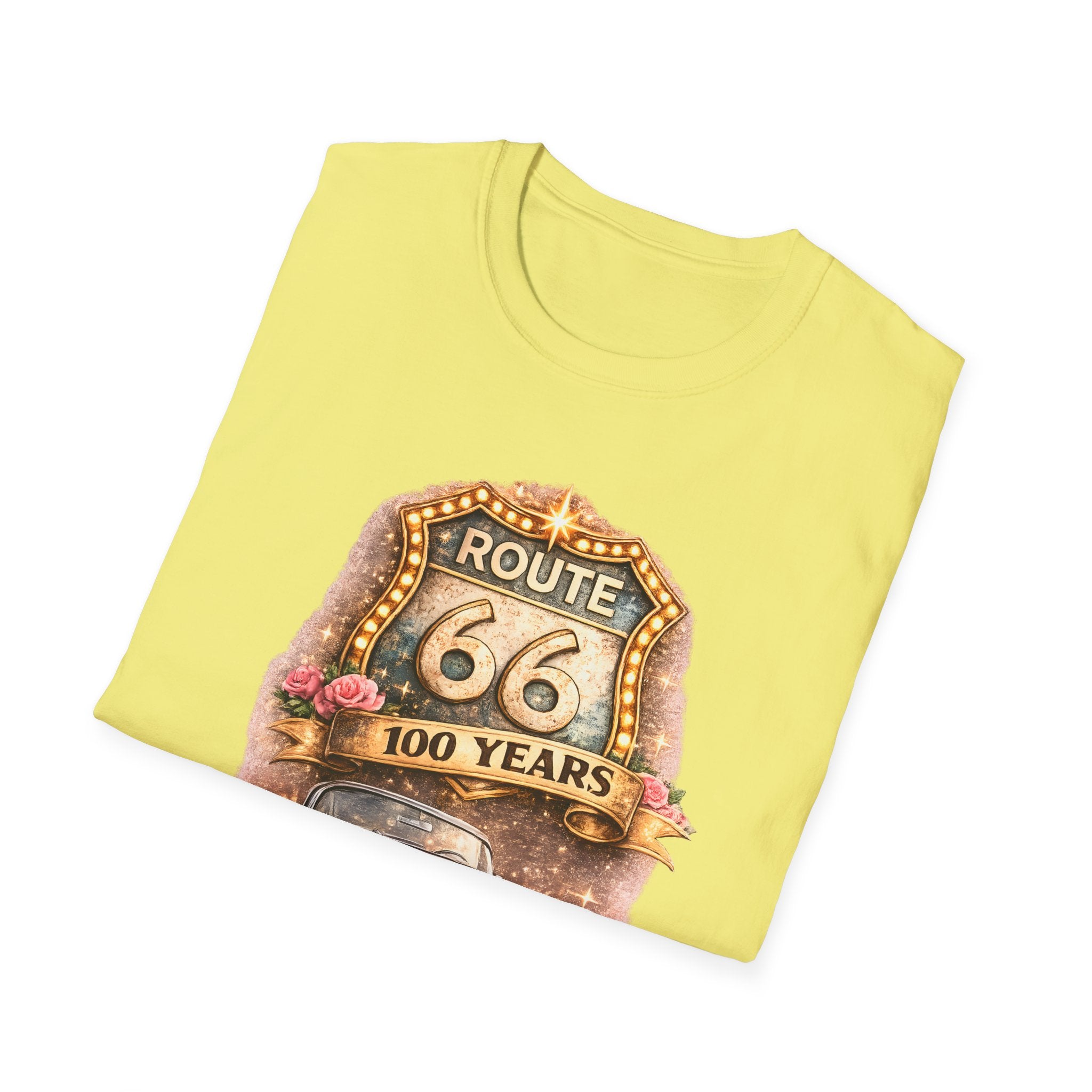 Route 66 100 Years Pink Classic Car T-Shirt | Vintage Road Trip Tee