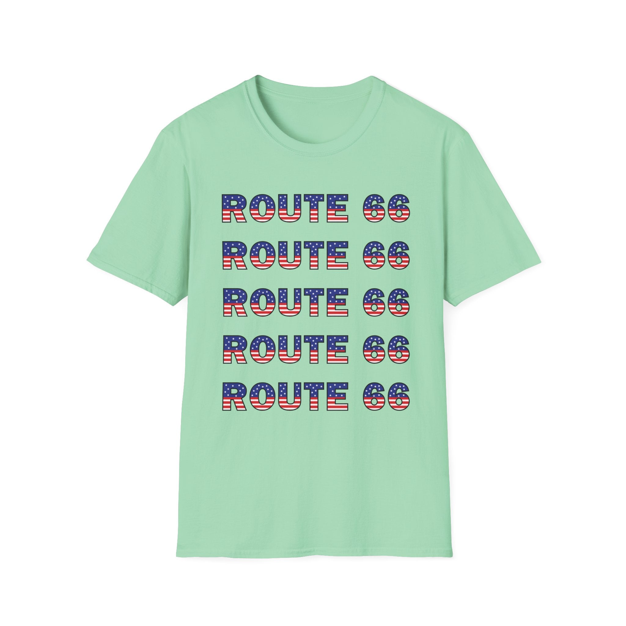 Route 66 Retro Text T-Shirt | American Flag Roadtrip Graphic