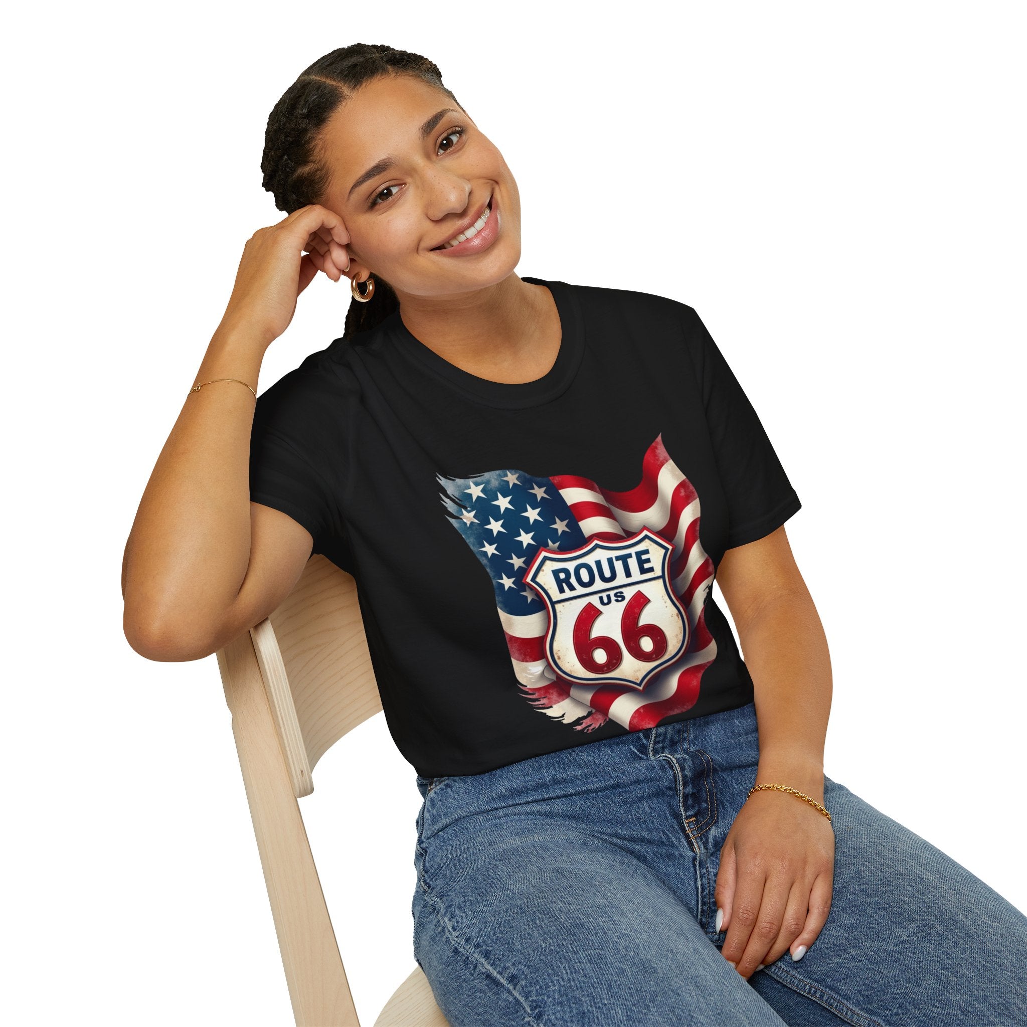 Route 66 Shield with American Flag T-Shirt | Vintage Road Trip Tee