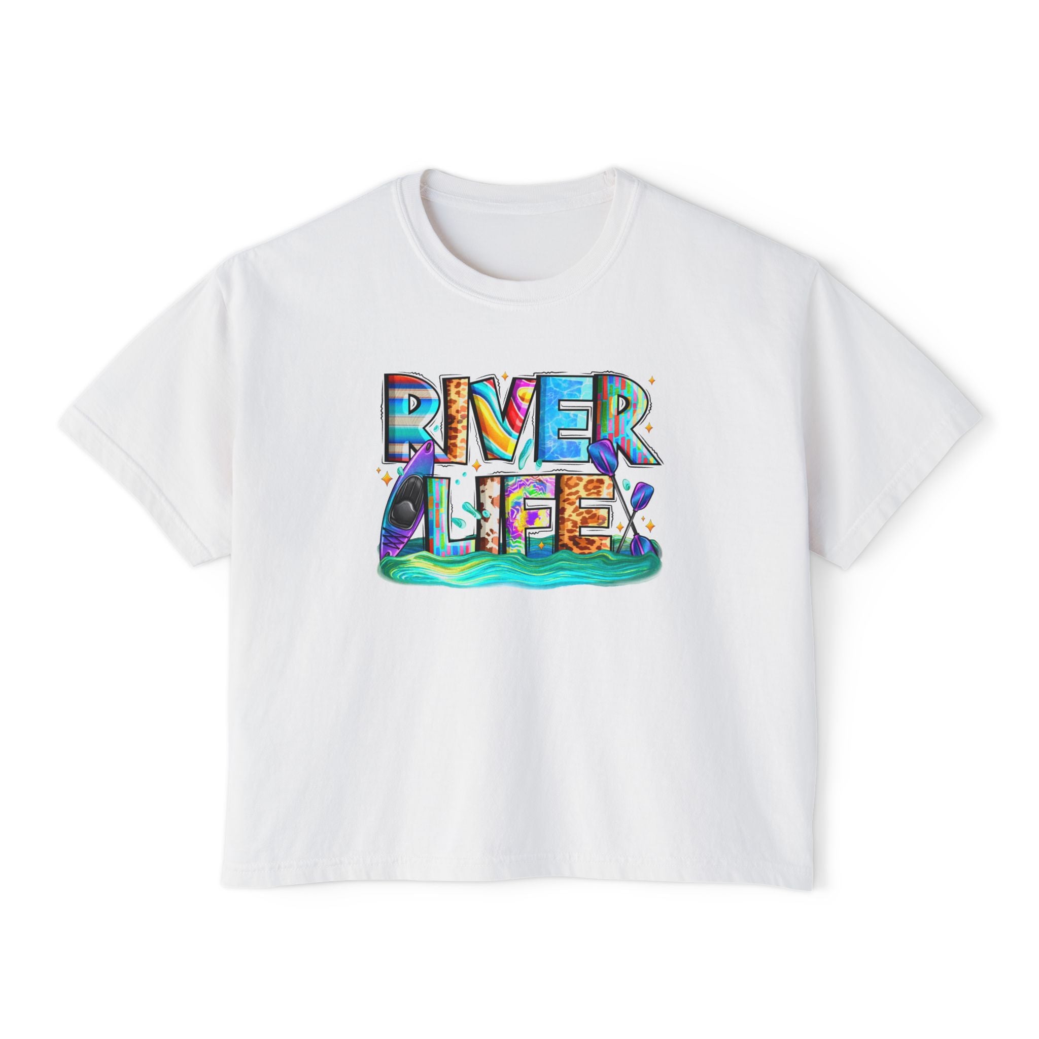River Life boxy tee | colorful river lettering, kayak, fishing graphics