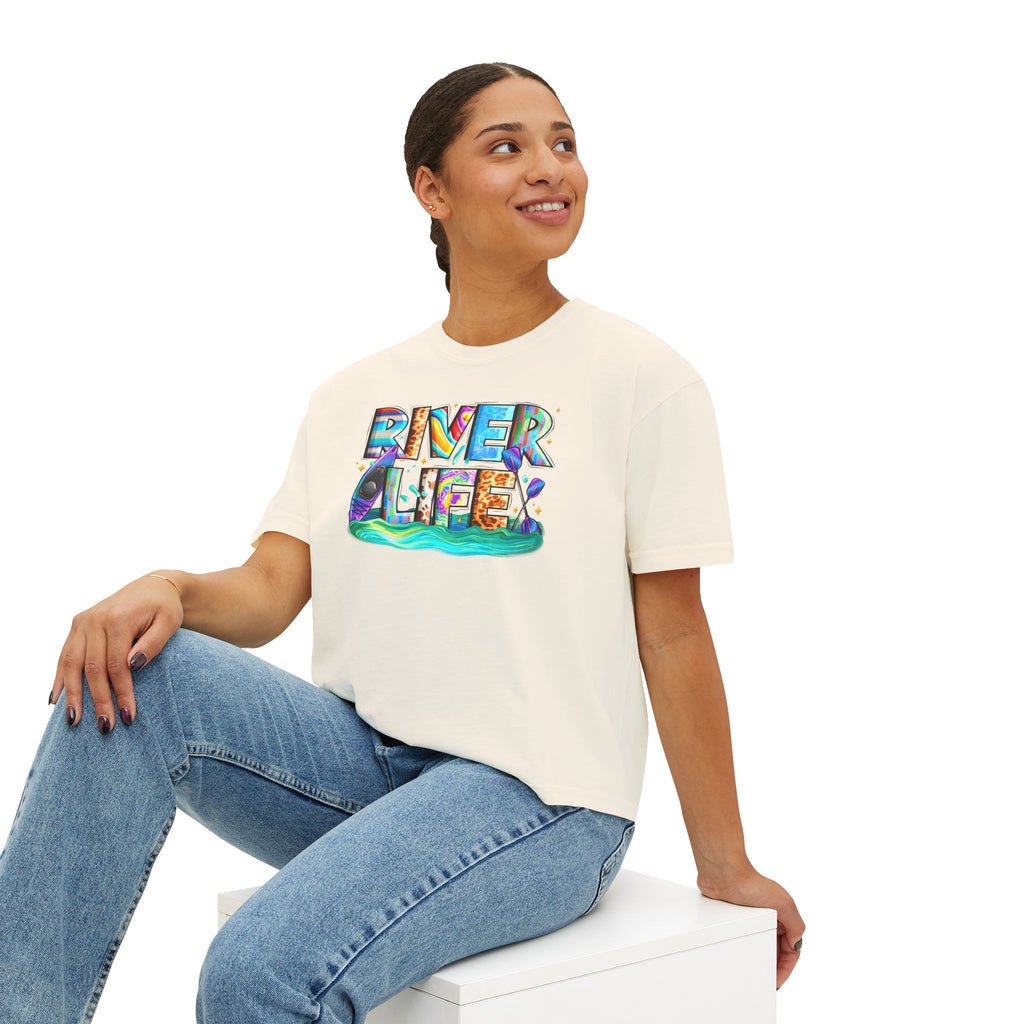 River Life boxy tee | colorful river lettering, kayak, fishing graphics